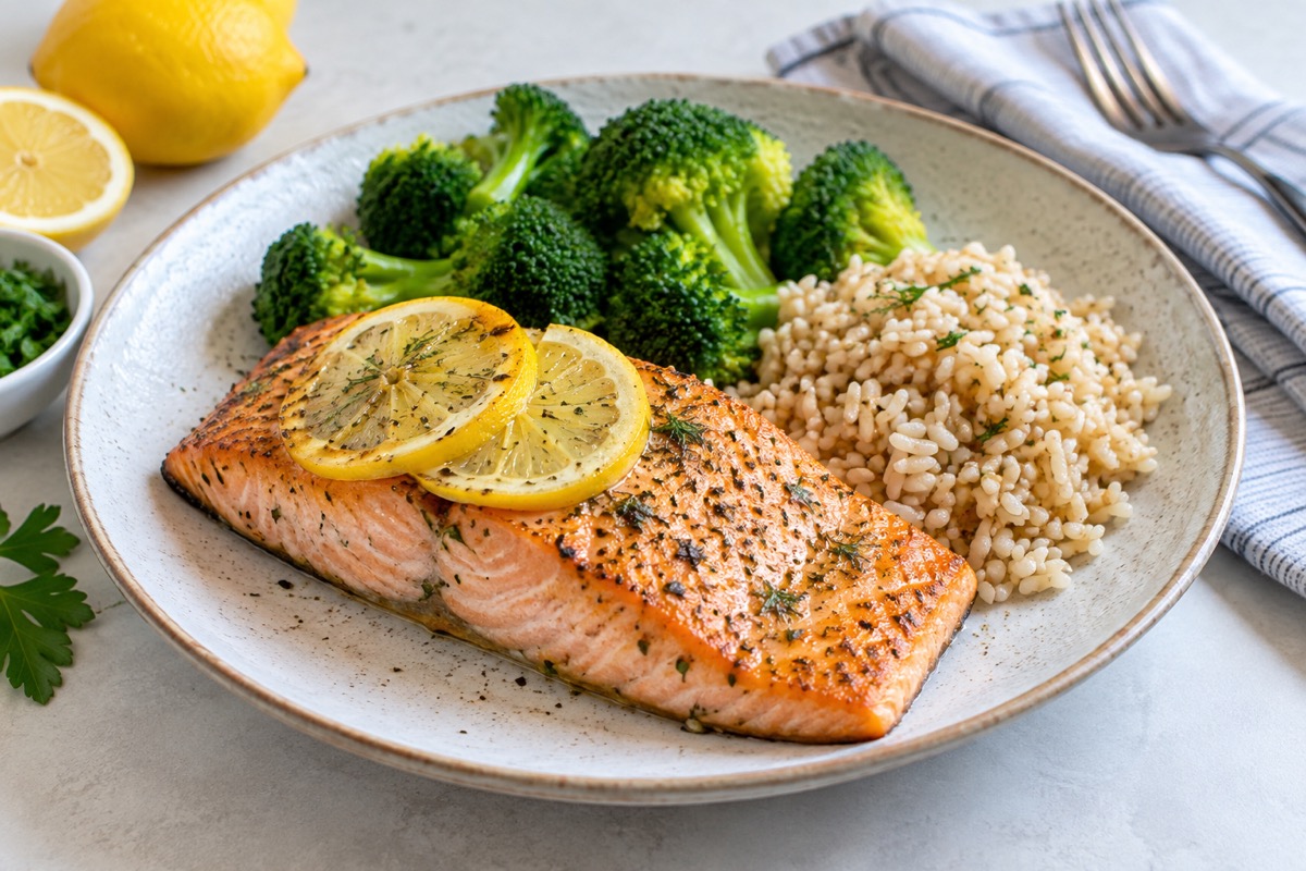 Lemon baked salmon served with broccoli and a small portion of cooked brown rice