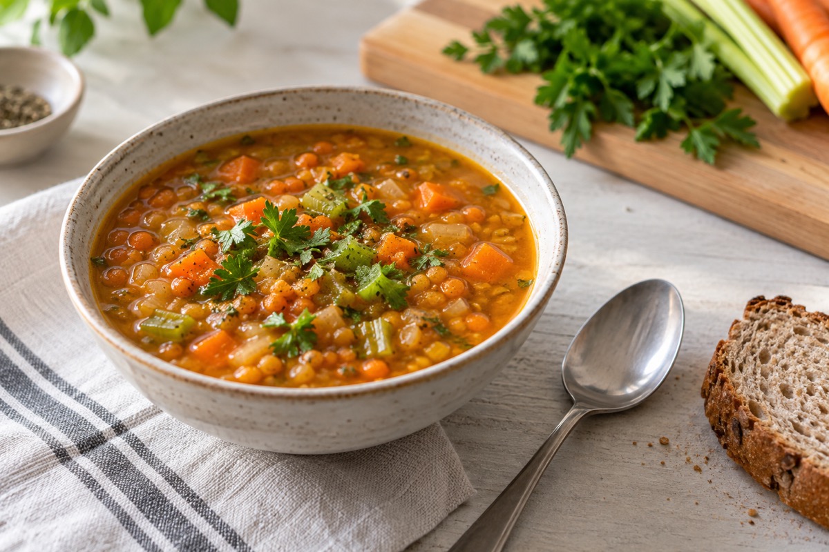 Red lentil and vegetable soup with carrot, celery and onion beside wholegrain bread