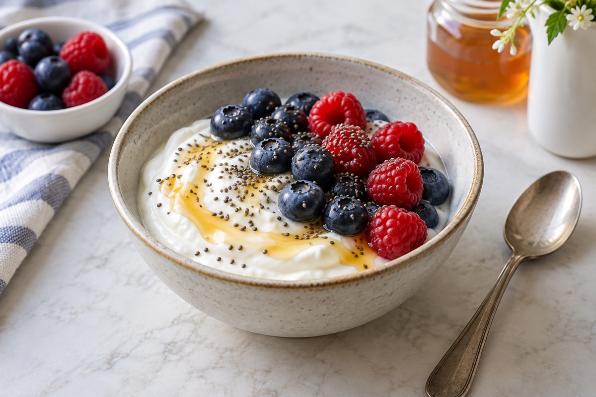 Plain Greek yogurt topped with blueberries, raspberries, chia seeds and a light honey drizzle