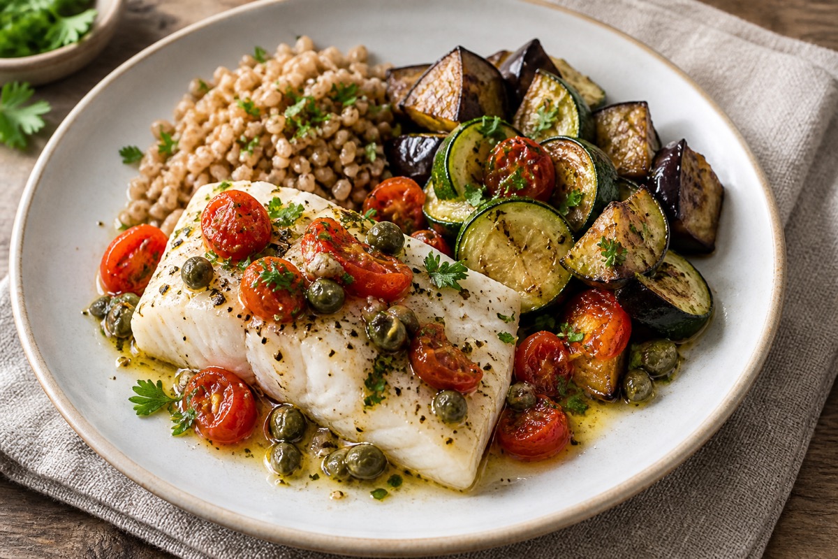 Baked cod with capers and cherry tomatoes served with roasted vegetables and wholegrain farro