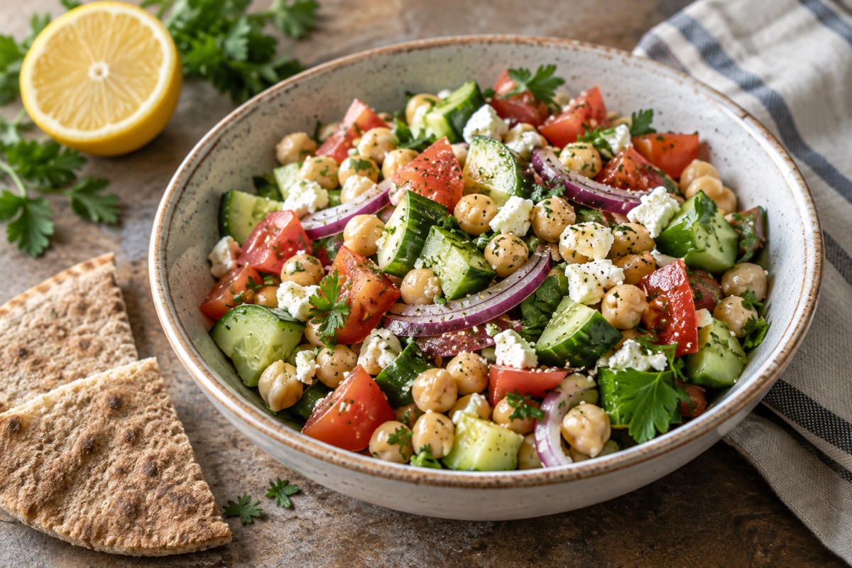 Chickpea salad with cucumber, tomato, feta, red onion and parsley beside wholemeal pita and lemon
