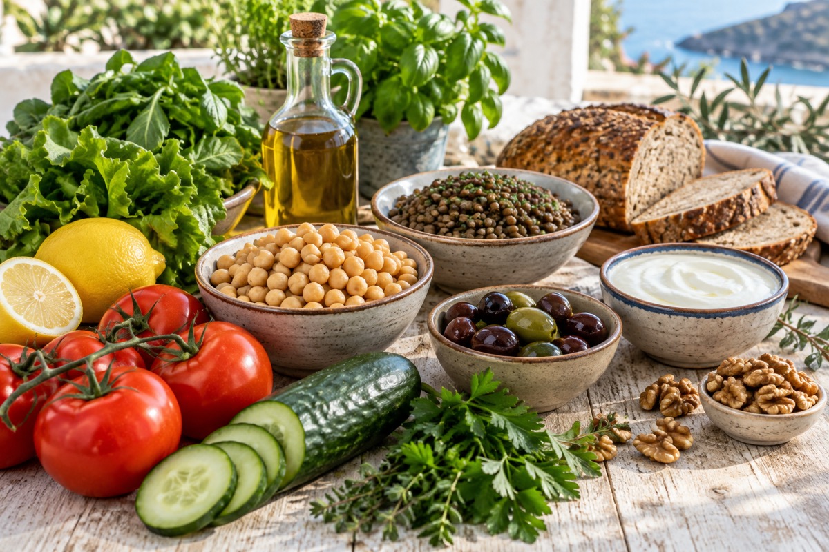 Mediterranean staples including vegetables, chickpeas, lentils, wholegrain bread, olive oil, olives, walnuts and yogurt