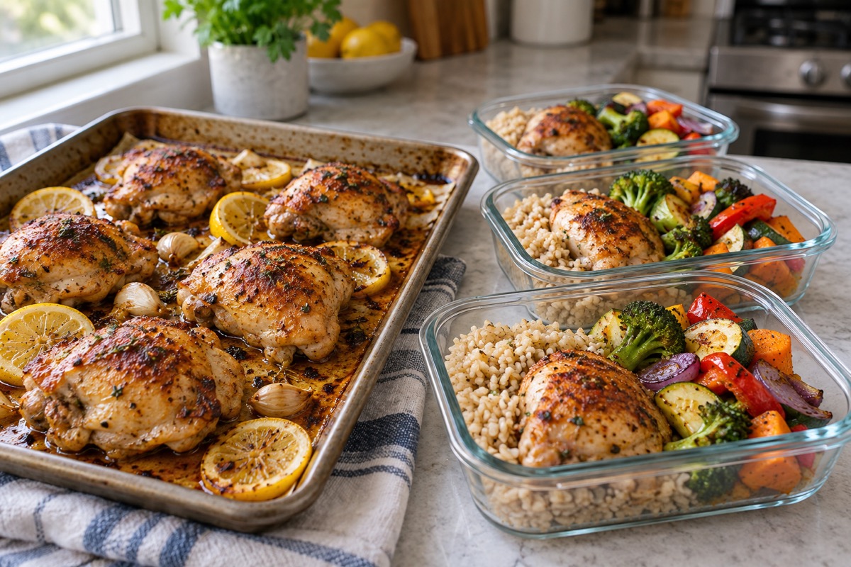 Baked chicken thighs with lemon beside meal-prep containers of brown rice and roasted vegetables