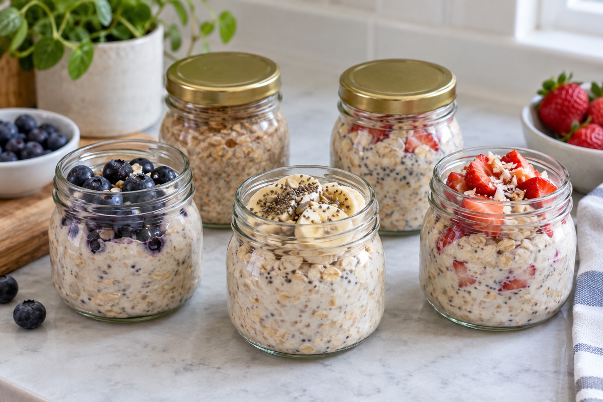 Five jars of Greek yogurt overnight oats with blueberry, banana, strawberry and seed toppings