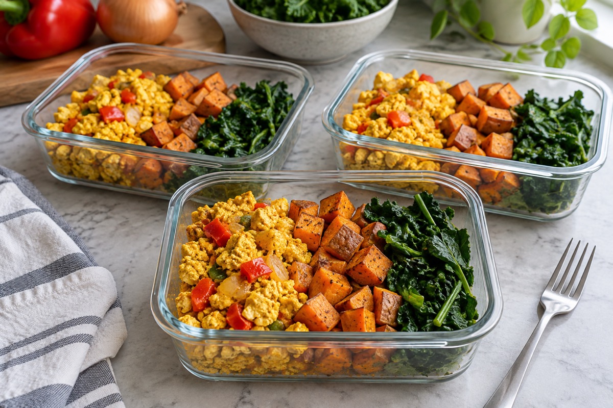 Tofu scramble with peppers and onion alongside roasted sweet potato and leafy greens in meal-prep containers
