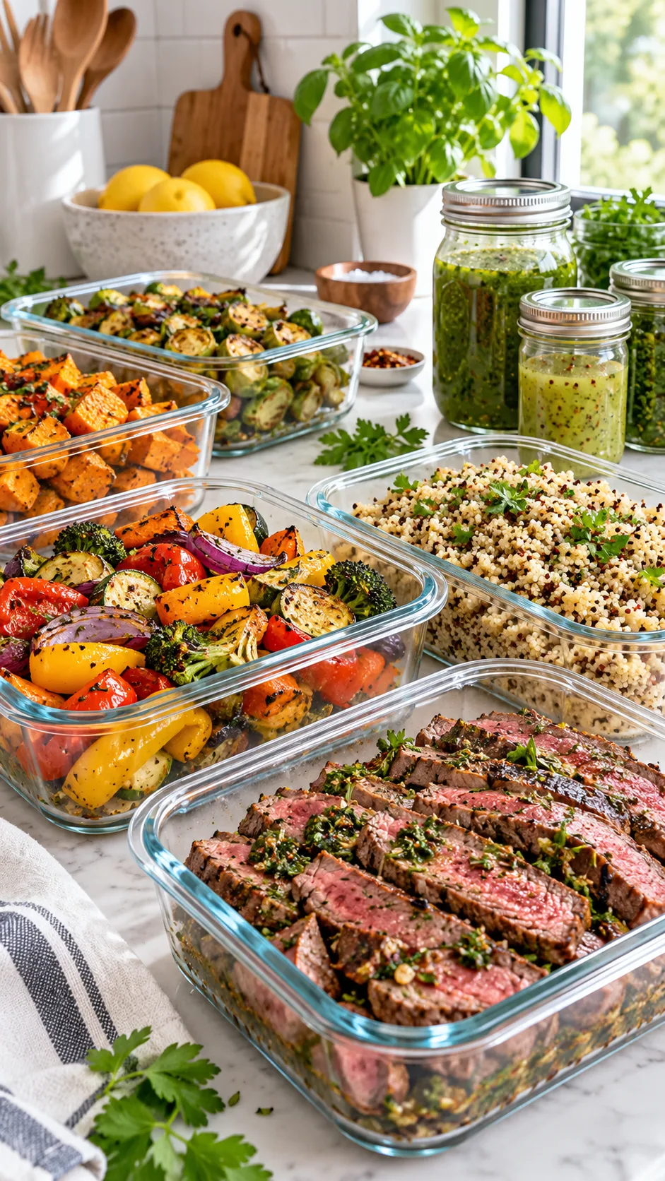 A bright kitchen counter featuring an organized array of colorful glass storage containers filled with vibrant roasted vegetables, marinated sliced steak, golden quinoa, and glass jars of green herb dressings, shot in crisp natural daylight.