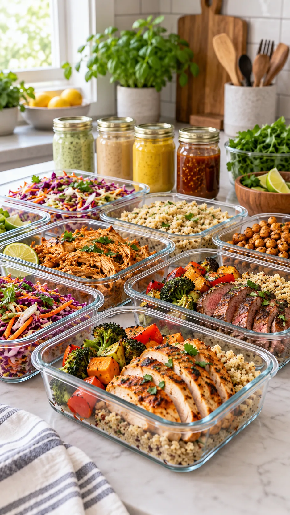 Organized kitchen counter showcasing glass meal prep containers filled with vibrant roasted meats, colorful crisp cabbage slaws, fluffy grains, and small jars of homemade dressings in natural daylight