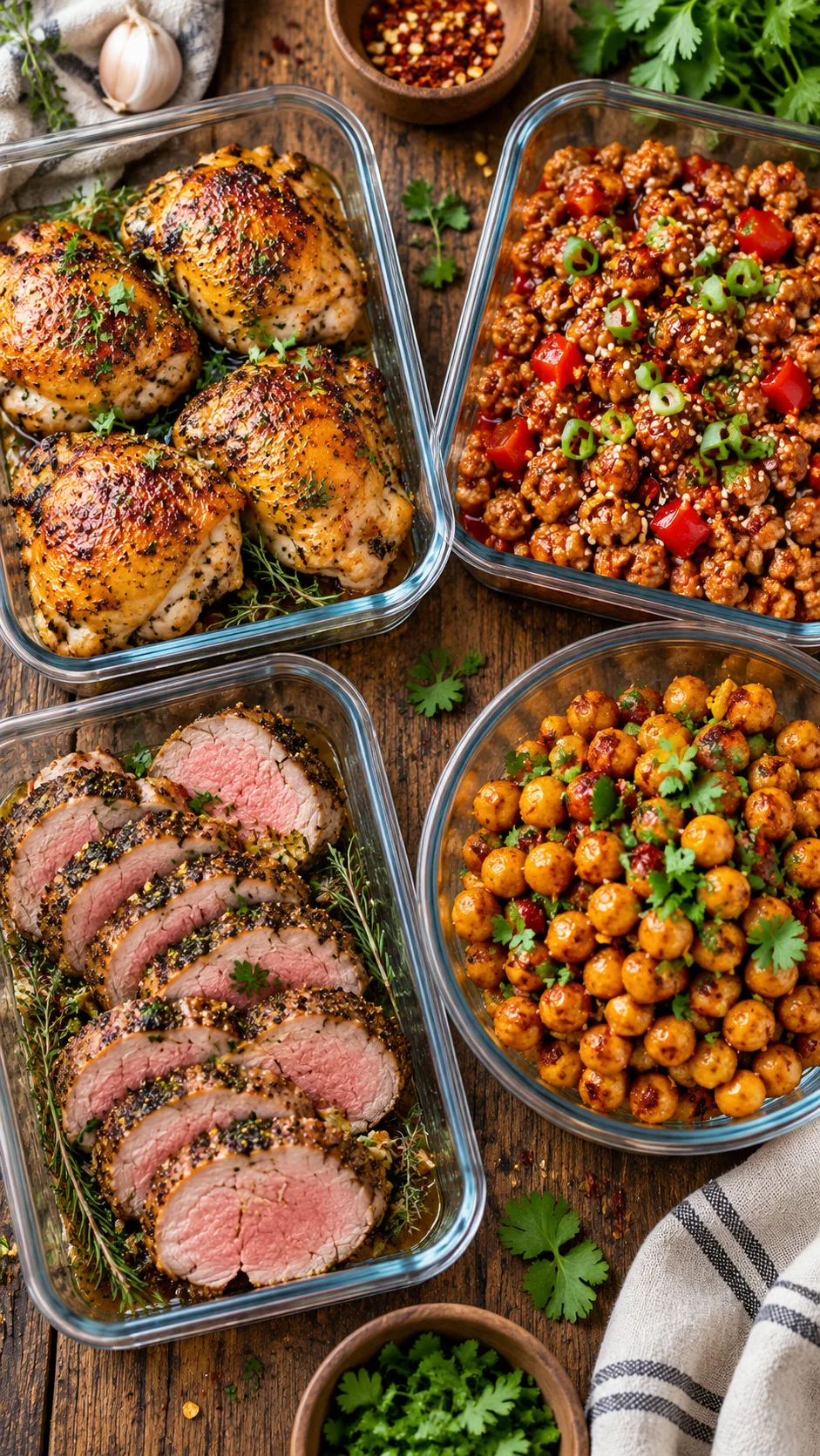 A rustic wooden tabletop filled with four distinct proteins in glass dishes: golden roasted chicken thighs, glazed firecracker turkey mince, sliced rosy pork tenderloin, and vibrant spiced chickpeas garnished with fresh herbs.