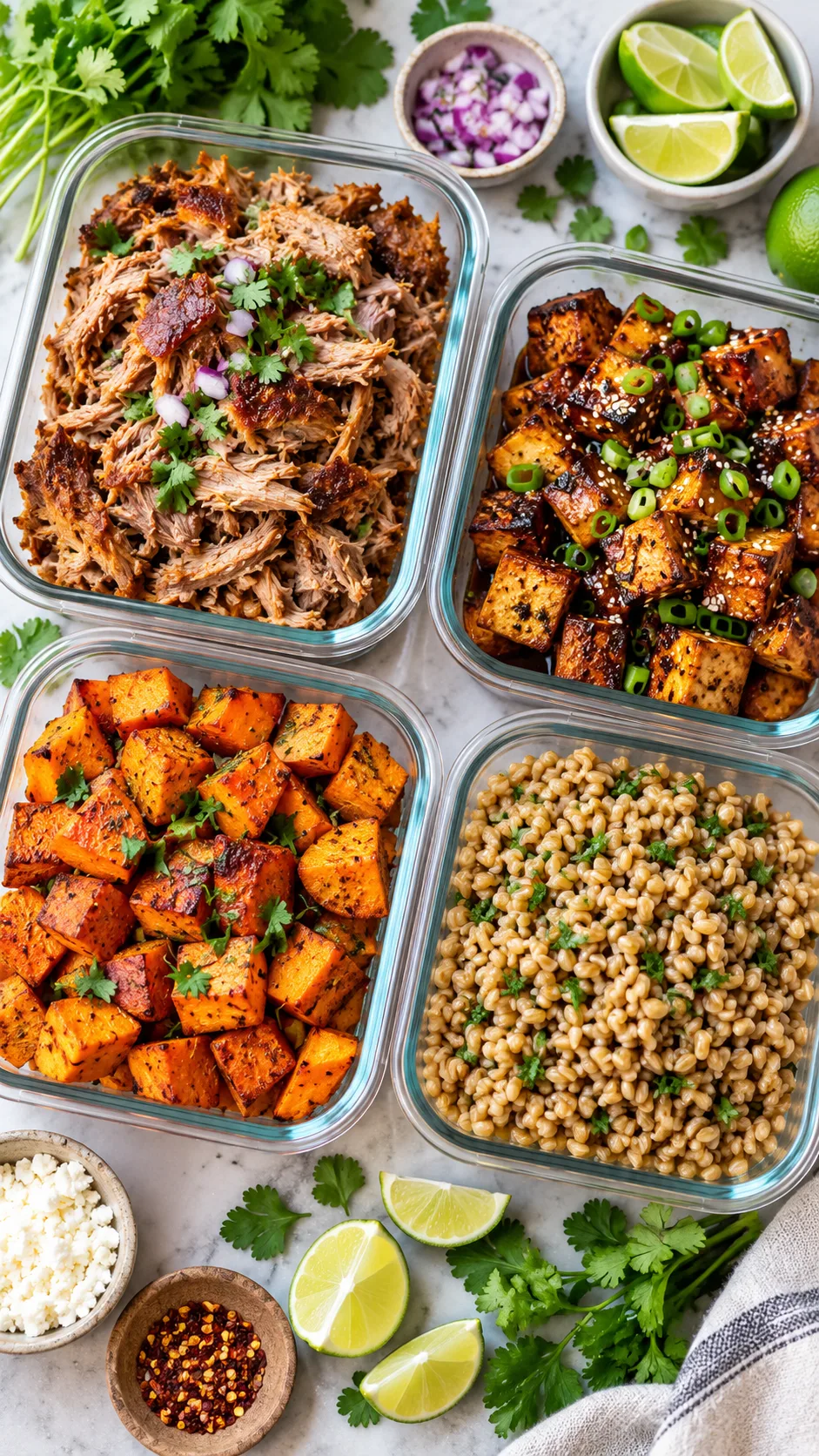 Flat-lay shot of glass storage bowls containing pulled pork carnitas, braised tofu, roasted sweet potatoes, and farro, surrounded by fresh herbs and citrus wedges