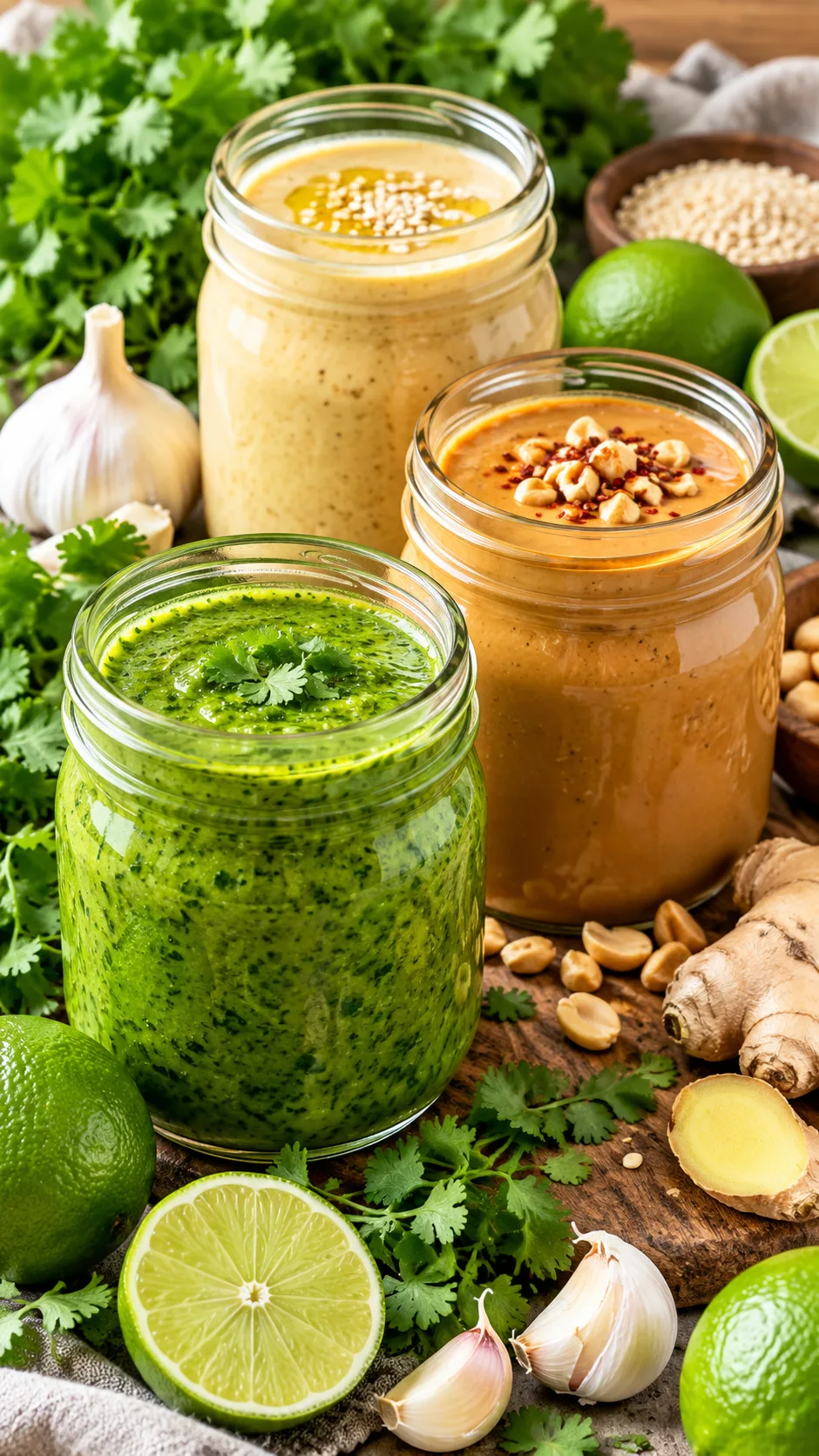 Three clear glass mason jars filled with distinct homemade sauces: a bright electric green cilantro sauce, a rich warm peanut drizzle, and a creamy pale golden tahini dressing, surrounded by whole fresh limes, garlic bulbs, and ginger root.