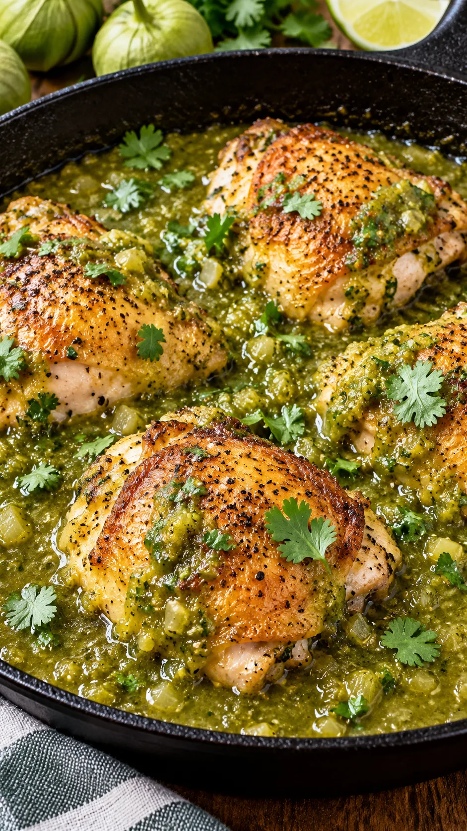 Close-up of golden roasted chicken thighs simmering in vibrant green tomatillo salsa verde inside a cast iron skillet