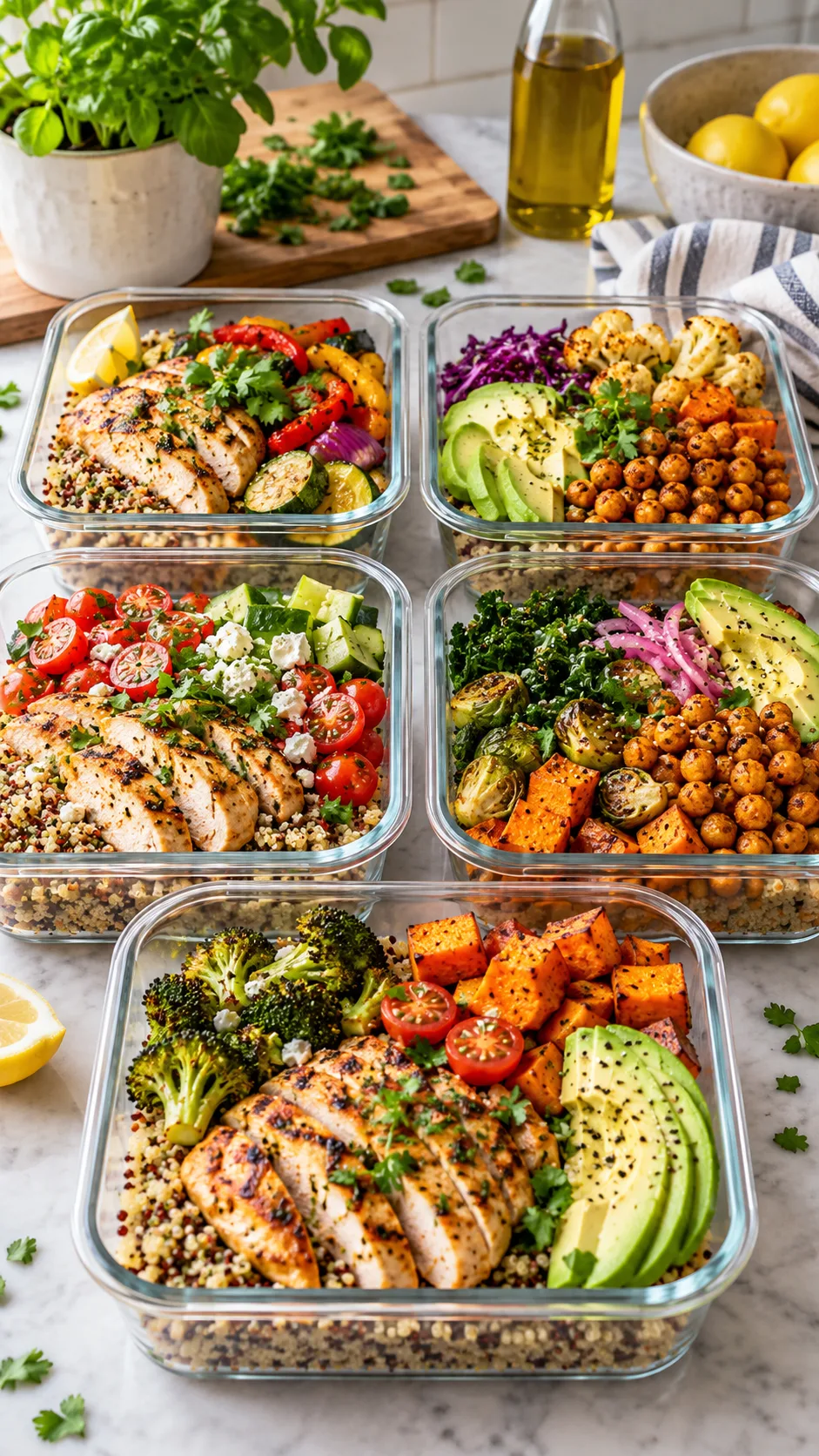 Bright natural-light food photography of five colorful healthy meal prep containers arranged on a kitchen counter, each with grilled chicken or chickpeas, roasted vegetables, quinoa, sweet potatoes, avocado, and fresh herbs, realistic home kitchen, inviting and practical