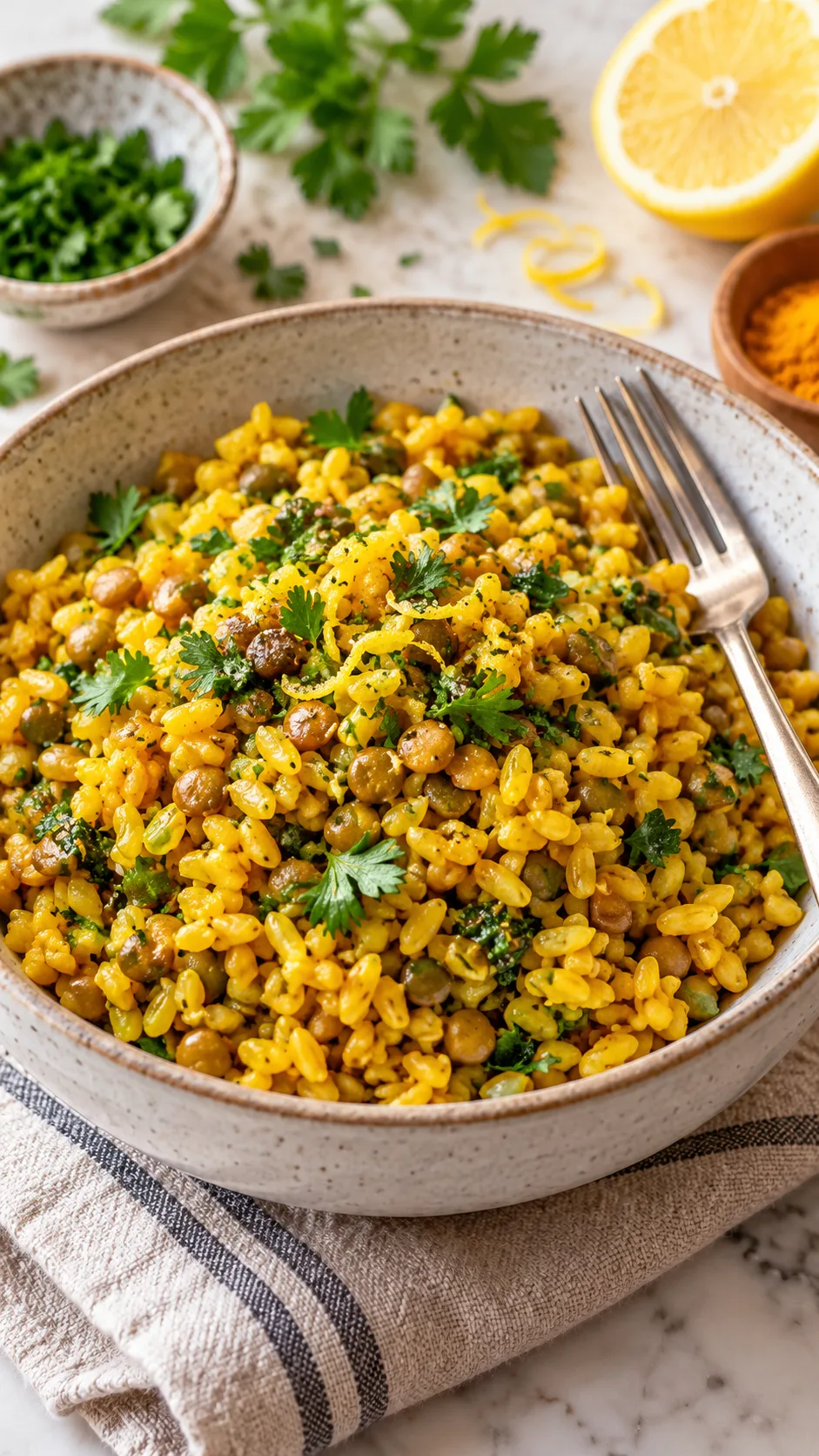 Bowl of golden yellow turmeric farro mixed with green lentils and herbs in a modern ceramic bowl with fork resting on the side