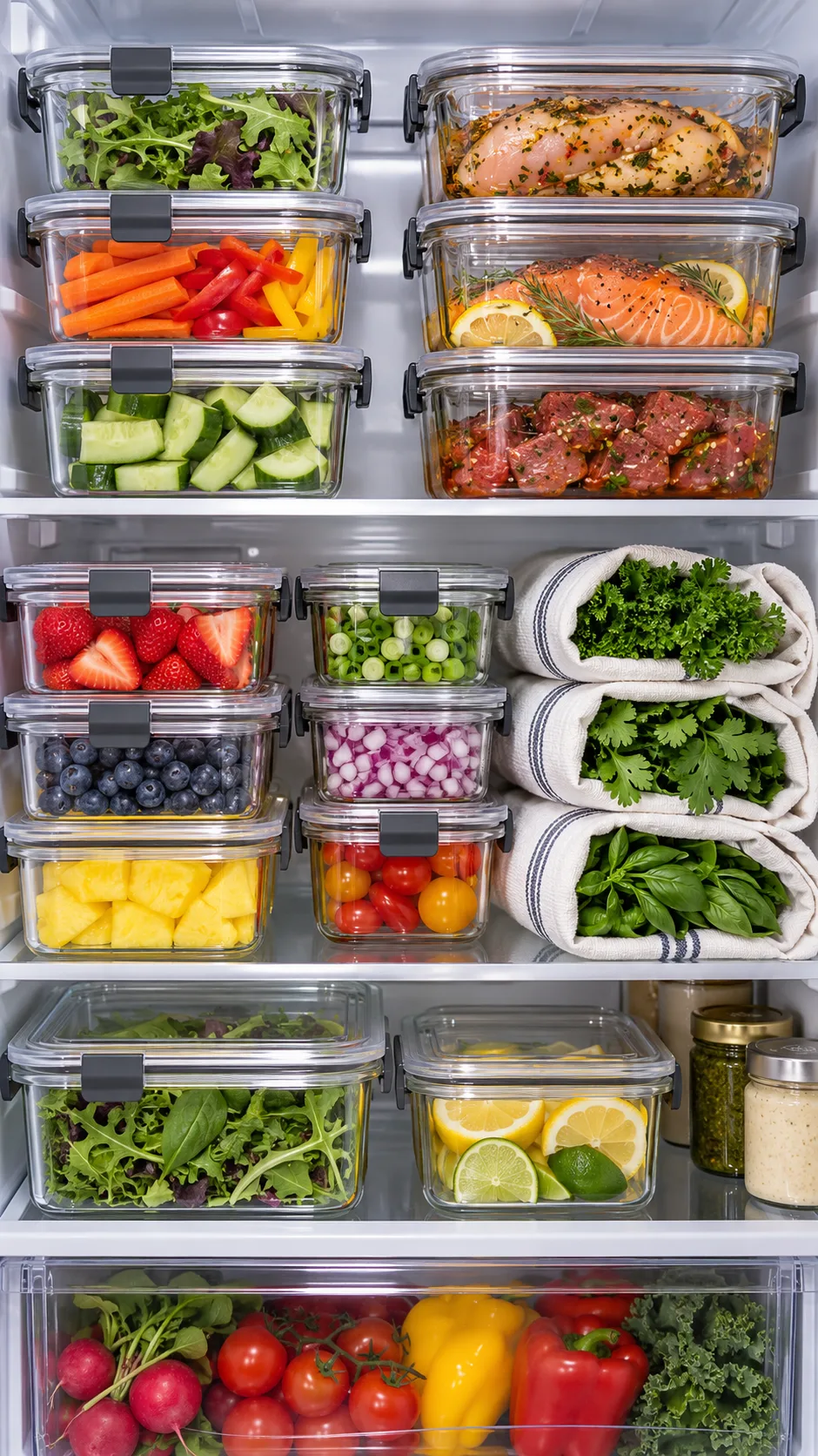 An organized kitchen refrigerator shelf showcasing transparent glass storage containers with airtight clip lids, showing organized layers of cut produce, marinated proteins, and fresh herbs wrapped neatly with clean cotton kitchen towels.