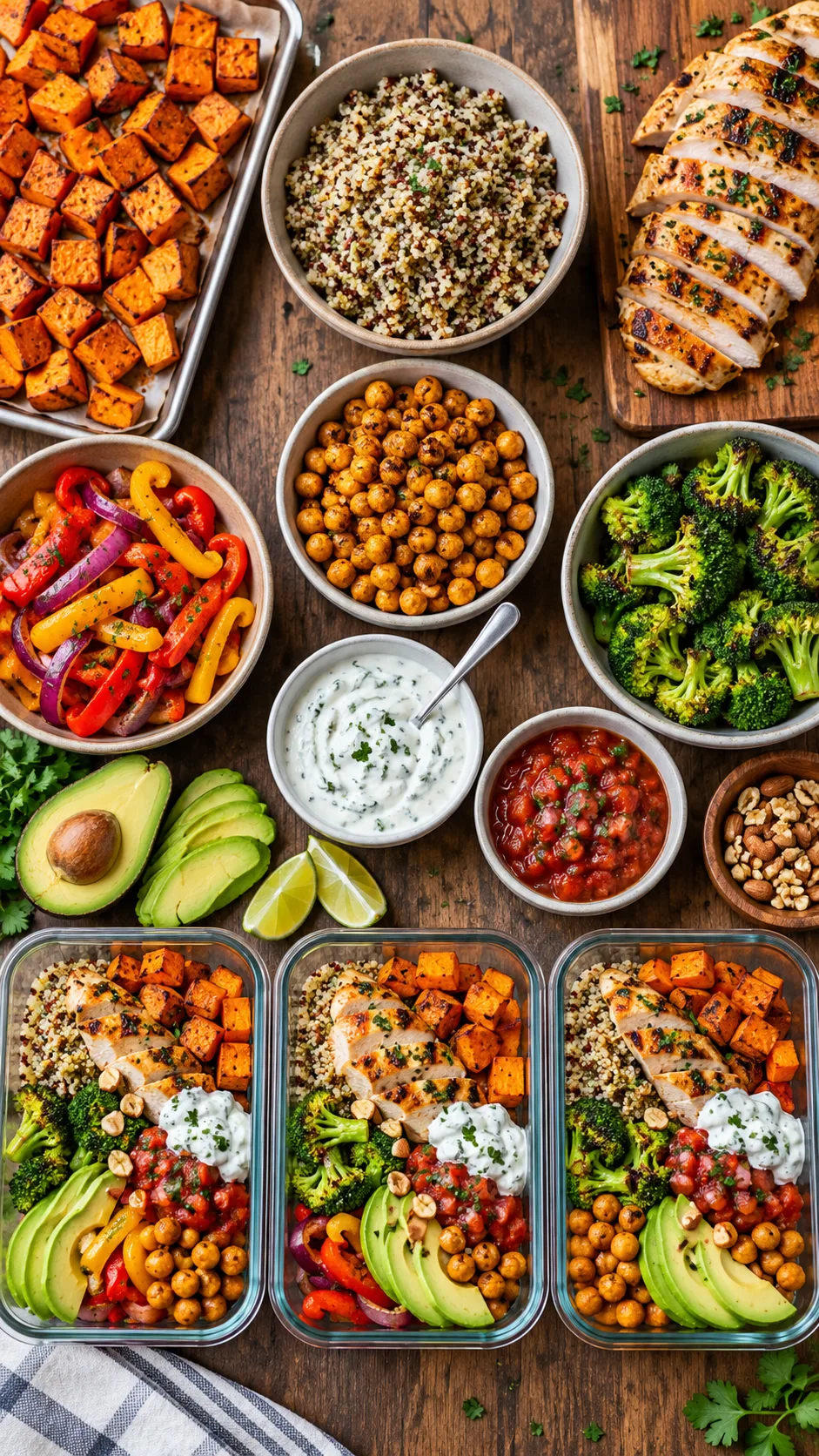 Overhead food photography of healthy meal prep ingredients organized in sections on a wooden kitchen table: roasted sweet potatoes, quinoa, grilled chicken, chickpeas, broccoli, peppers, avocado, Greek yogurt sauce, salsa, nuts, and glass meal prep containers
