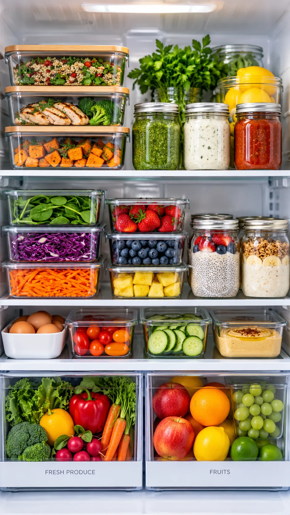 Clean, modern refrigerator interior organized with stackable glass food containers, fresh mason jars filled with sauces, and clearly visible produce