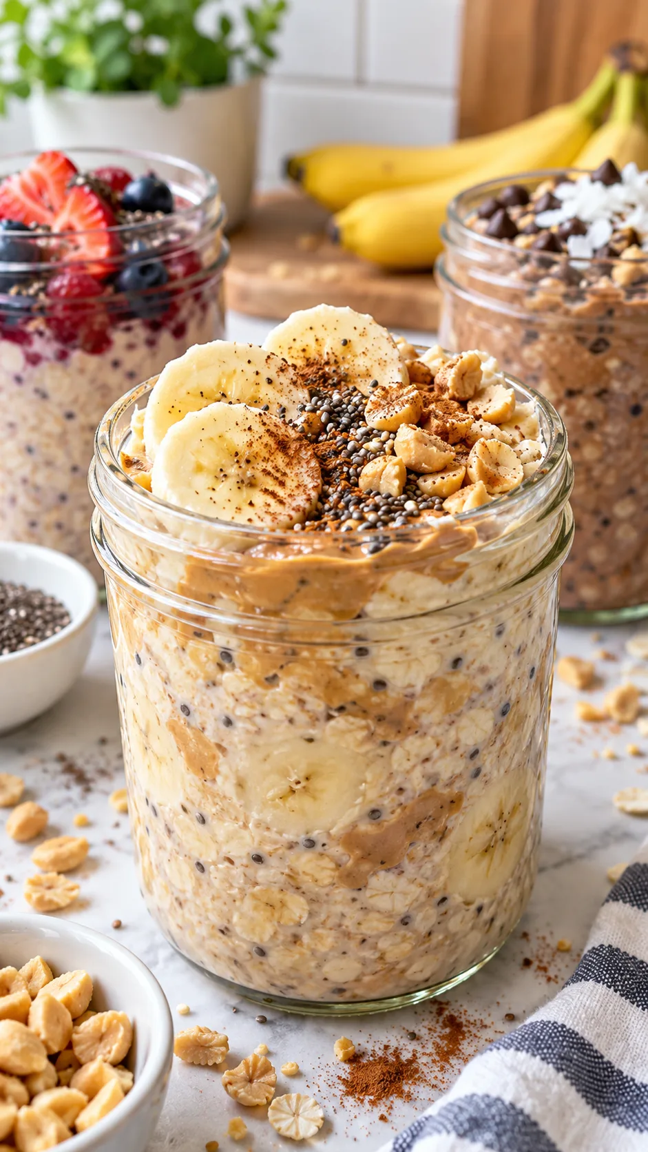 Close-up realistic food photography of a glass jar of peanut butter banana overnight oats topped with sliced banana, chia seeds, cinnamon, and crushed peanuts beside other prepared breakfast jars in a bright home kitchen