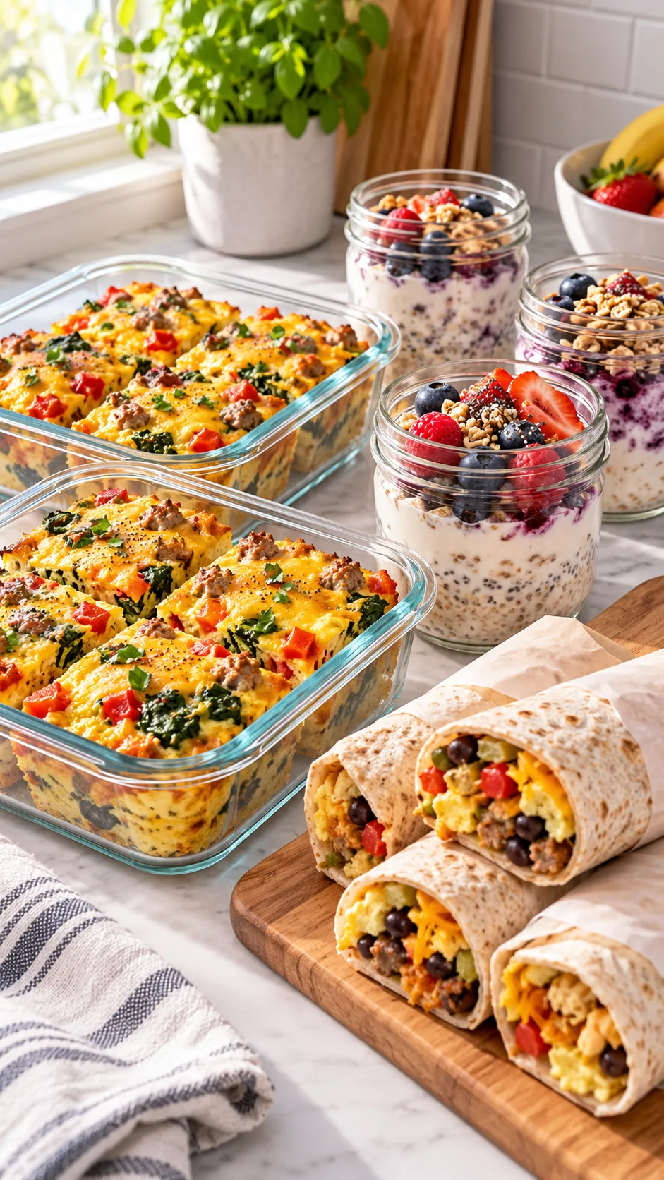 Clean, bright kitchen counter featuring glass meal prep containers filled with colorful high-protein breakfasts, including baked egg casseroles, overnight yogurt jars with berries, and freezer breakfast burritos, shot from a 45-degree angle in soft natural morning light