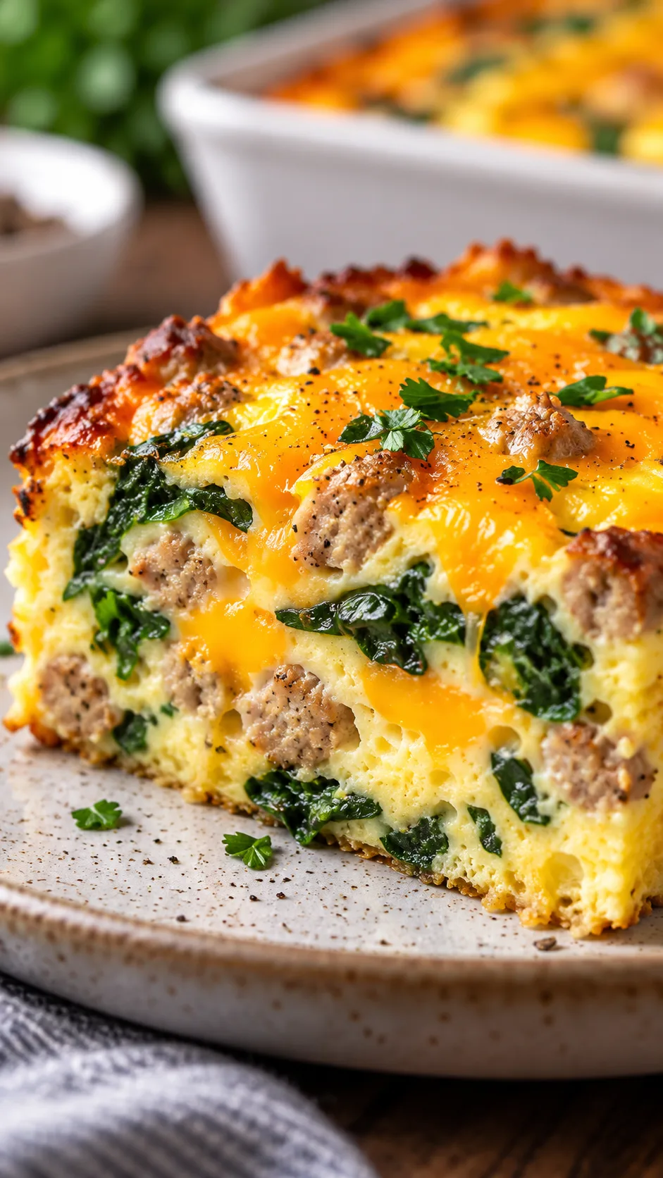 A macro close-up of a perfectly portioned savory breakfast egg bake slice showing layers of diced turkey sausage, vibrant green spinach, and melted sharp cheddar cheese on a ceramic plate