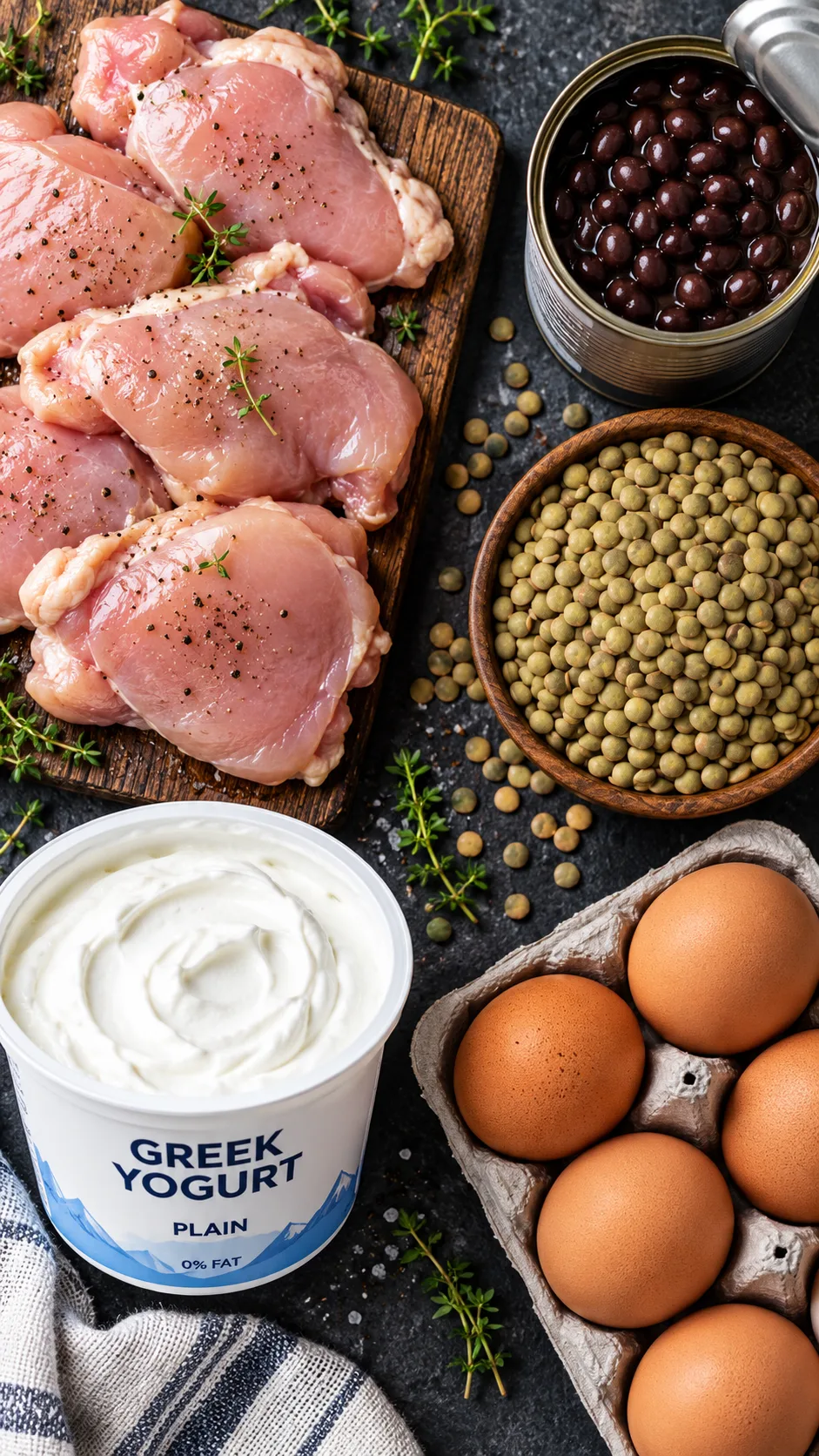 A flat-lay layout of high protein budget ingredients including raw boneless skinless chicken thighs, canned black beans, dry green lentils, Greek yogurt tub, and large brown eggs on a dark rustic slate background.