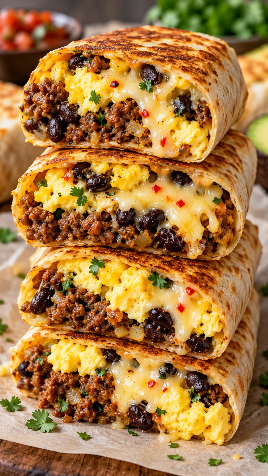 A stack of golden-brown high-protein freezer burritos cut in half, showing seasoned ground beef, scrambled fluffy eggs, melted pepper jack cheese, and black beans, served on parchment paper