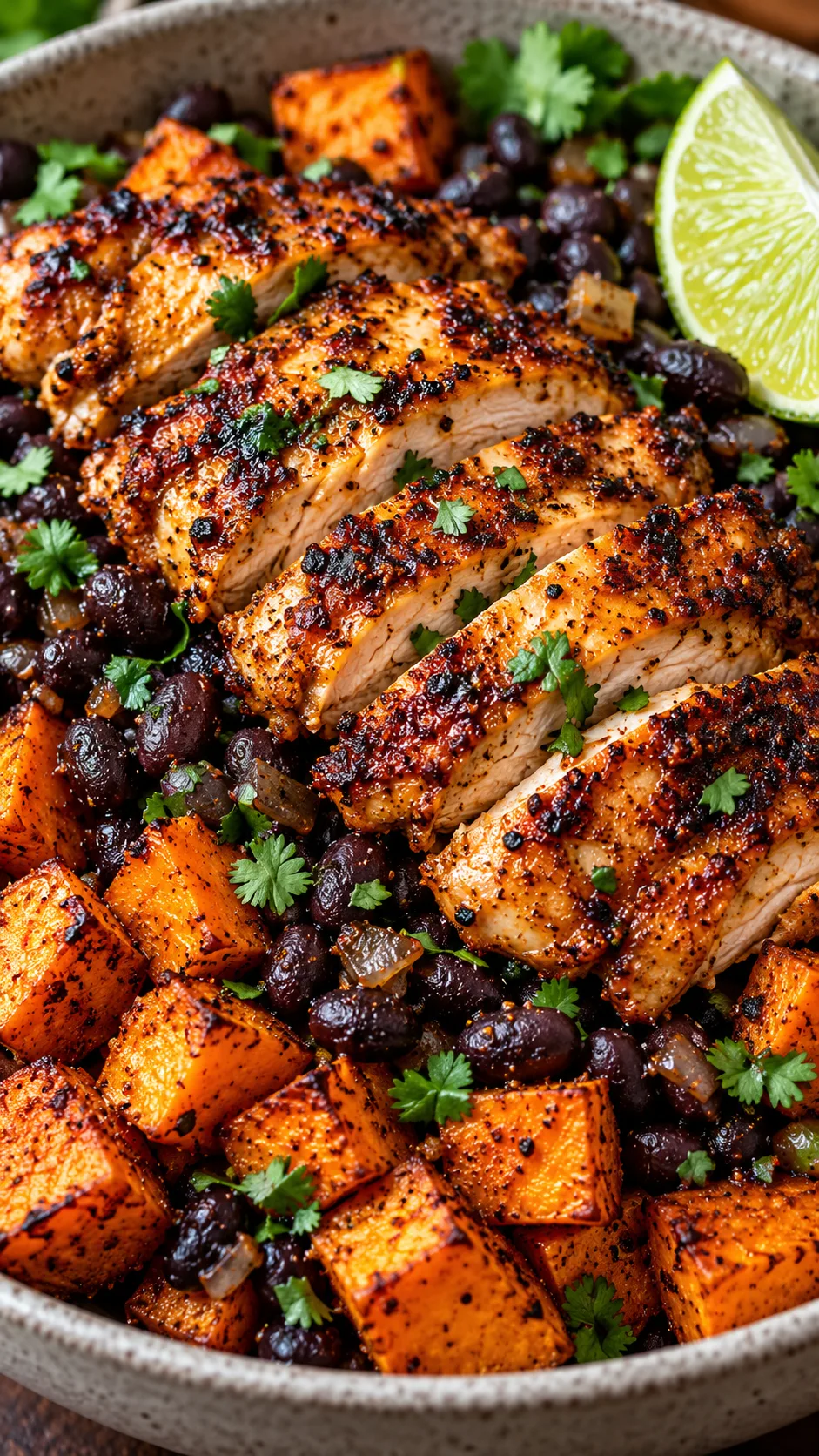 Close-up of golden brown chipotle seasoned sliced chicken thighs served over dark seasoned black beans and cubed roasted sweet potatoes with a lime wedge on the side.