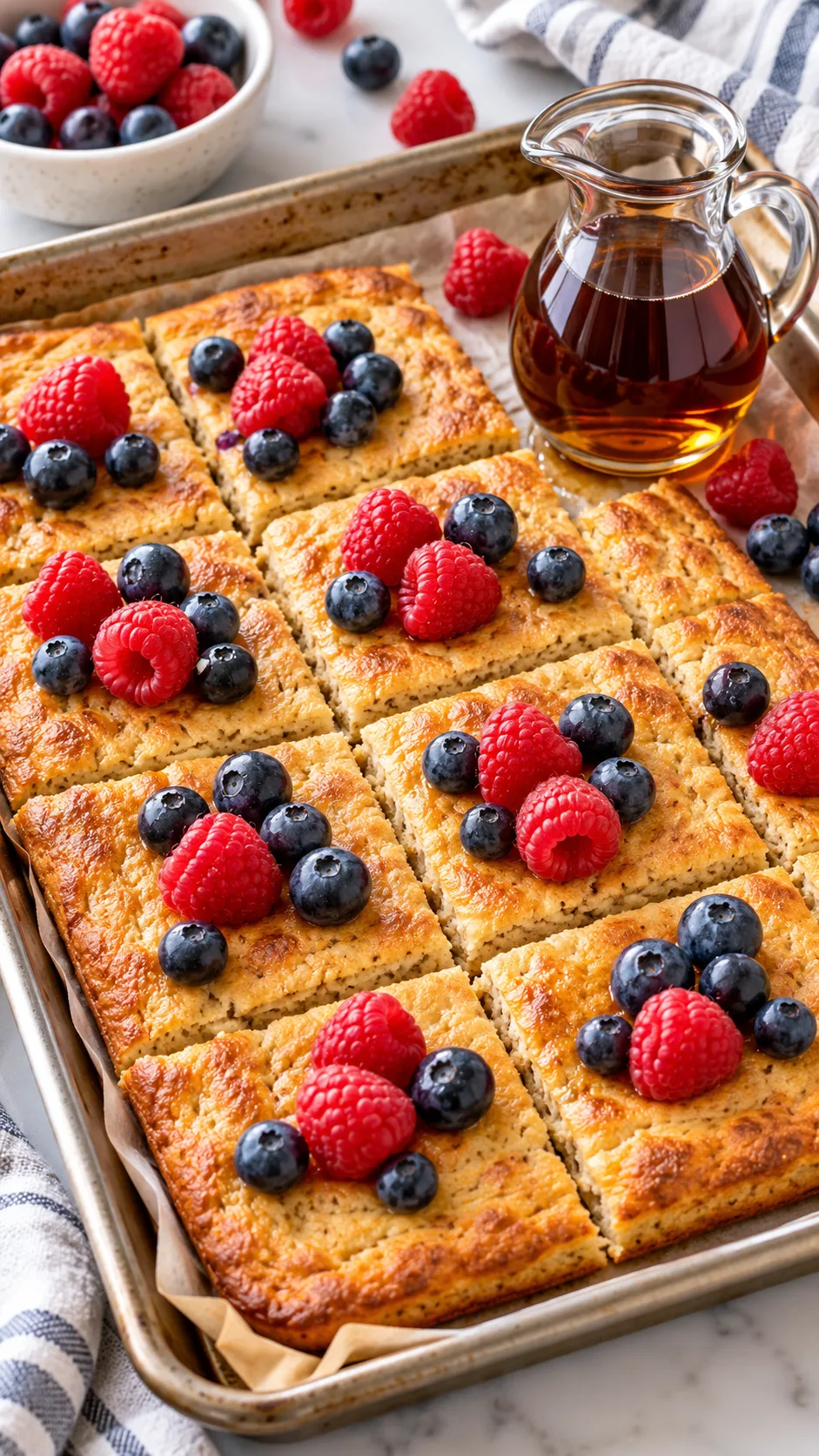 Golden sheet pan protein pancake cut into uniform squares on a baking sheet, topped with fresh raspberries and blueberries, accompanied by a small glass pitcher of real maple syrup