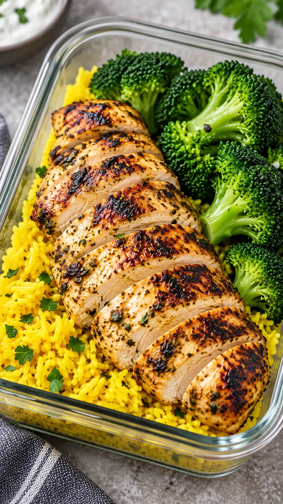 Charred sliced Greek yogurt marinated chicken breast served over yellow turmeric rice alongside dark green steamed broccoli in a contemporary meal prep dish.