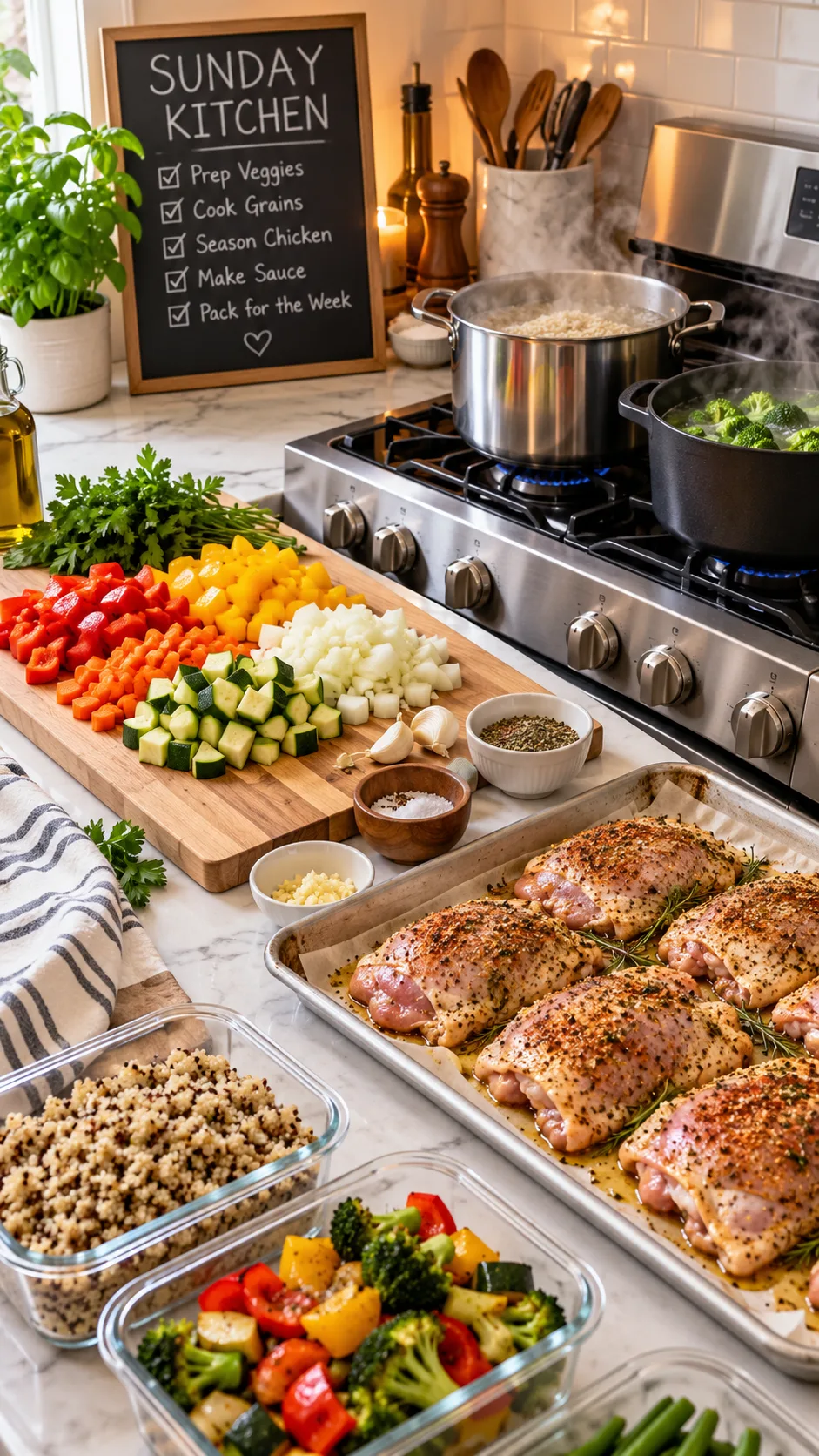 Neatly organized Sunday kitchen workflow featuring a cutting board with diced vegetables, boiling pots on a stainless steel stove, and a tray of seasoned chicken thighs ready for the oven.