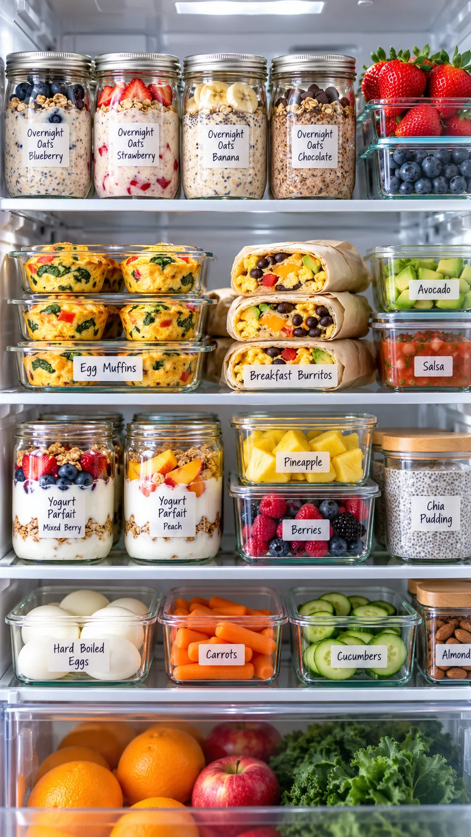 Bright realistic food photography of a neatly organized refrigerator shelf filled with meal-prep breakfast containers: overnight oats jars, egg muffin cups, breakfast burritos wrapped in parchment, yogurt parfaits, fresh berries, and labeled glass containers, morning natural light, clean home kitchen