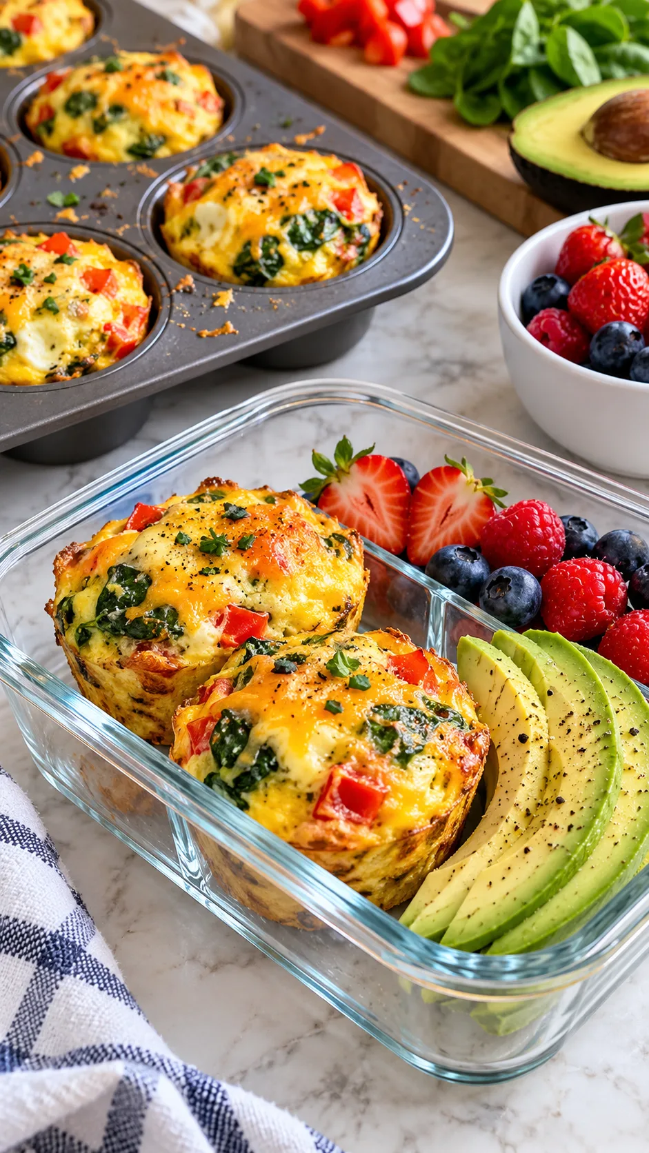 Close-up realistic food photography of golden vegetable egg muffins in a muffin tin and meal prep glass container, visible spinach, red bell pepper and melted cheese, sliced avocado and berries on the side, bright kitchen counter, appetizing natural daylight