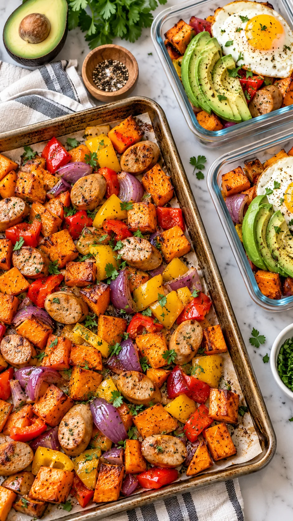 Overhead realistic food photography of colorful sheet-pan breakfast hash with roasted sweet potato cubes, bell peppers, onion, chicken sausage and herbs, meal prep containers nearby with avocado and eggs, warm natural lighting