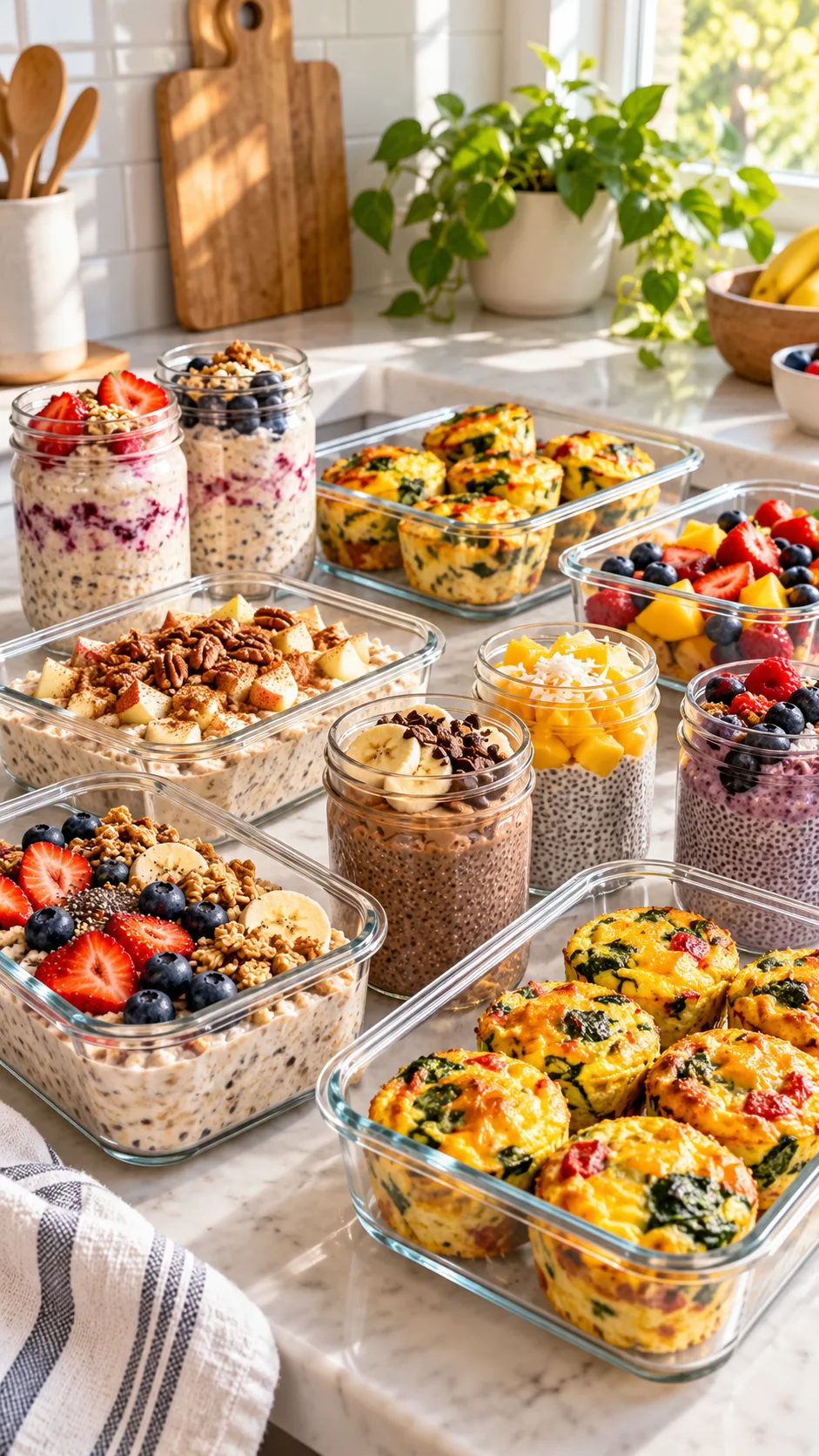 A bright, aesthetic kitchen counter filled with glass meal prep containers containing colorful breakfast foods like overnight oats, egg muffins, and chia puddings, morning natural sunlight