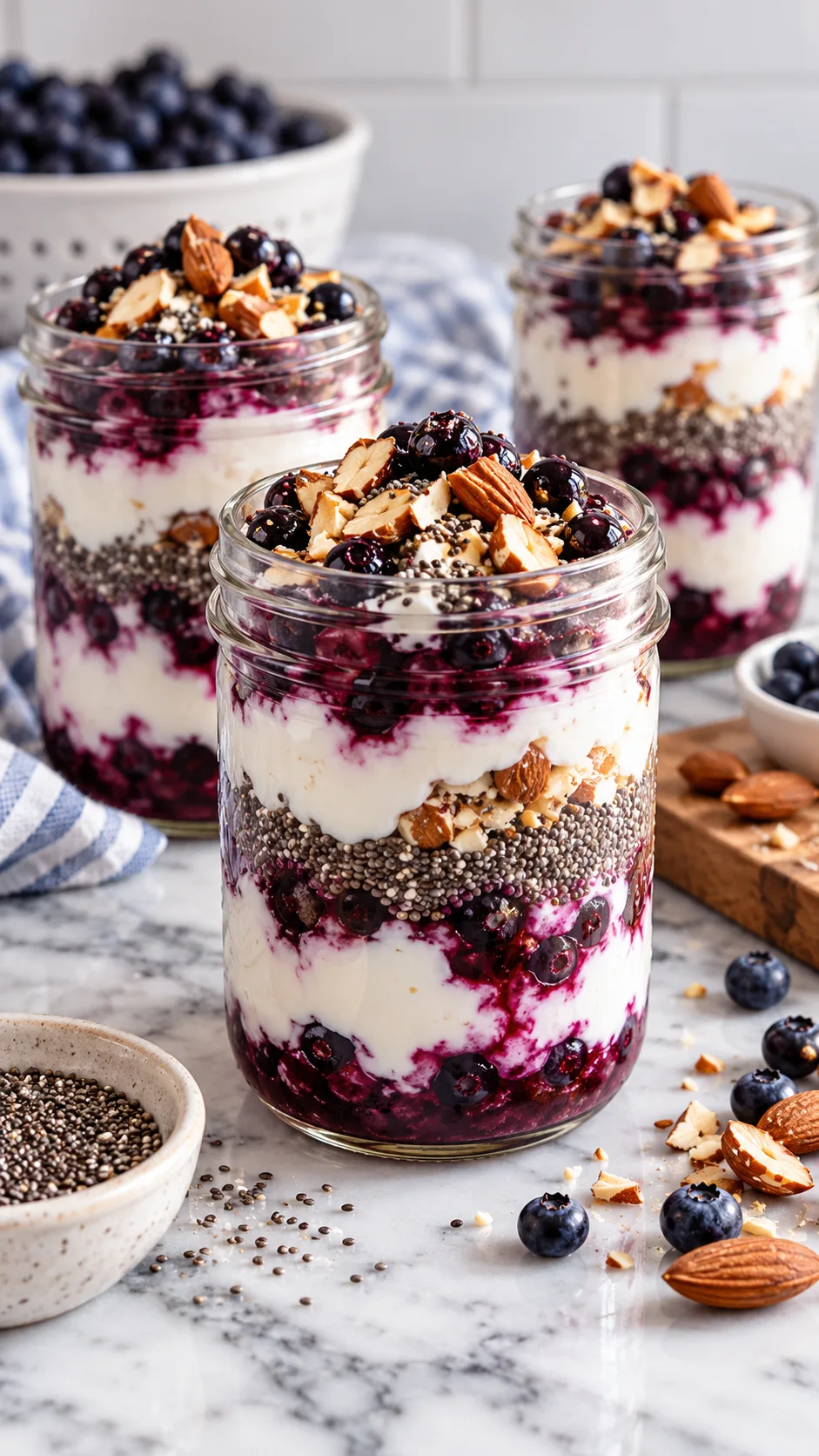 Three layered glass mason jars filled with thick Greek yogurt, macerated wild blueberries, chia seeds, and roasted almonds on a light marble kitchen table