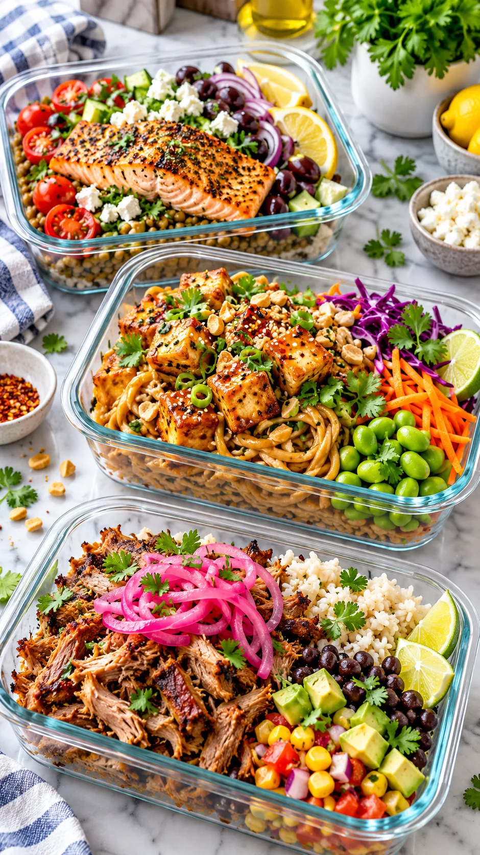 Vibrant modern meal prep containers showing colorful Mediterranean salmon lentil bowls, spicy peanut tofu noodles, and carnitas with pickled onions on a bright marble kitchen counter