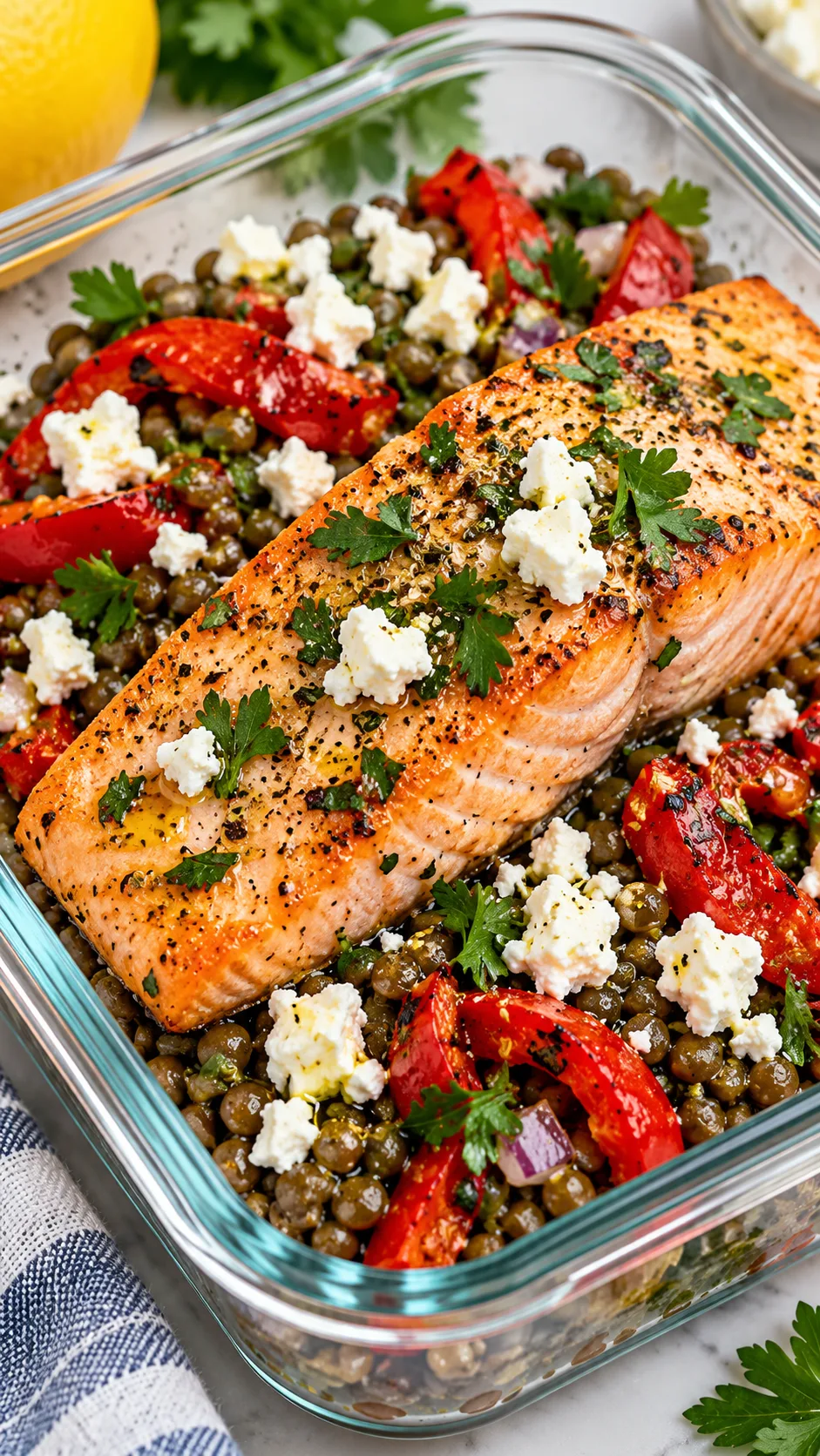 Close up of a glass meal prep container containing vibrant Mediterranean salmon, French green lentils, roasted red peppers, and crumbled feta cheese with fresh parsley garnish