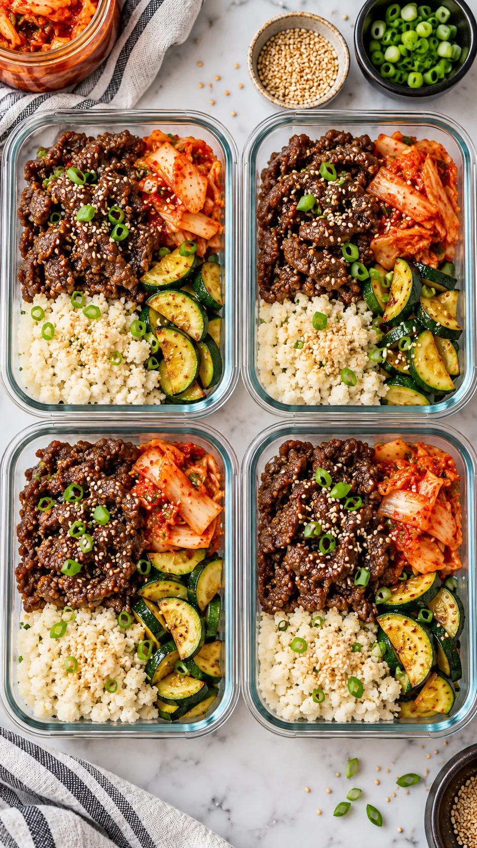 Top-down flatlay of glass meal prep bowls filled with spicy Korean beef bulgogi, kimchi, sautéed zucchini, and cauliflower rice topped with toasted sesame seeds