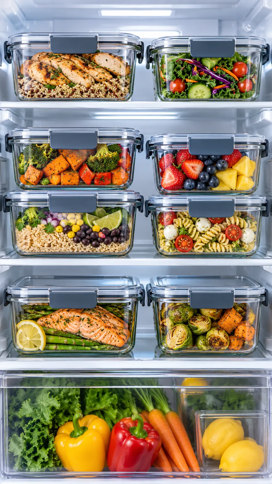 Close-up of premium glass meal prep containers with leakproof snap-on lids arranged neatly inside an organized, clean refrigerator