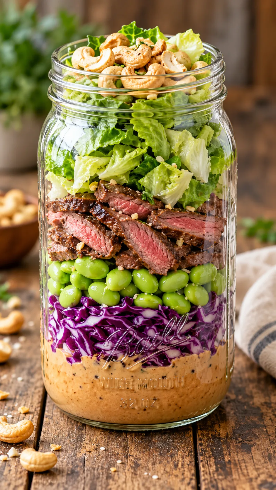 Clear 32 oz glass mason jar layered with almond butter dressing, purple cabbage, edamame, flank steak, romaine lettuce, and cashews on a rustic wooden desk