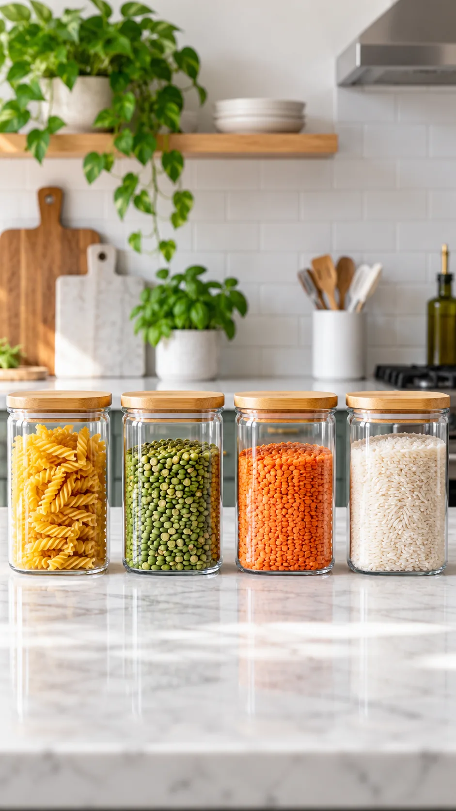 Clean modern kitchen showing four clear glass containers arranged in a row with distinct ingredients organized by color and texture