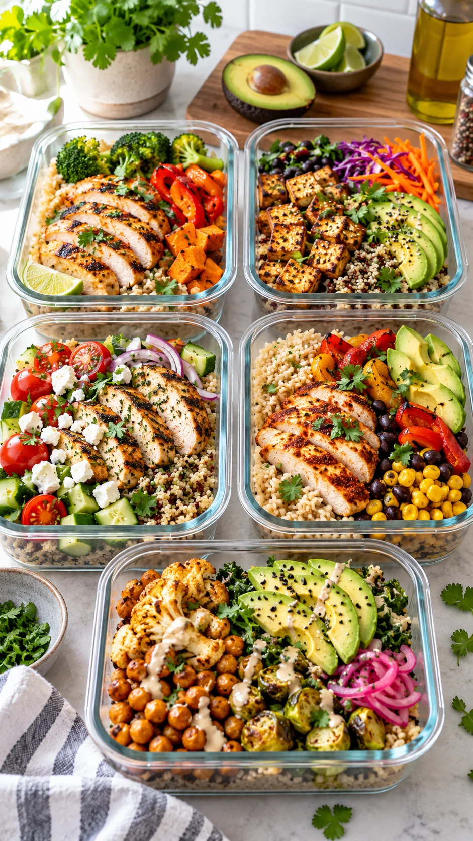 Bright natural-light food photography of five balanced healthy lunch meal prep containers on a kitchen counter, each with grilled chicken or tofu, roasted vegetables, brown rice or quinoa, avocado, beans, and colorful fresh garnishes, realistic home meal prep setting