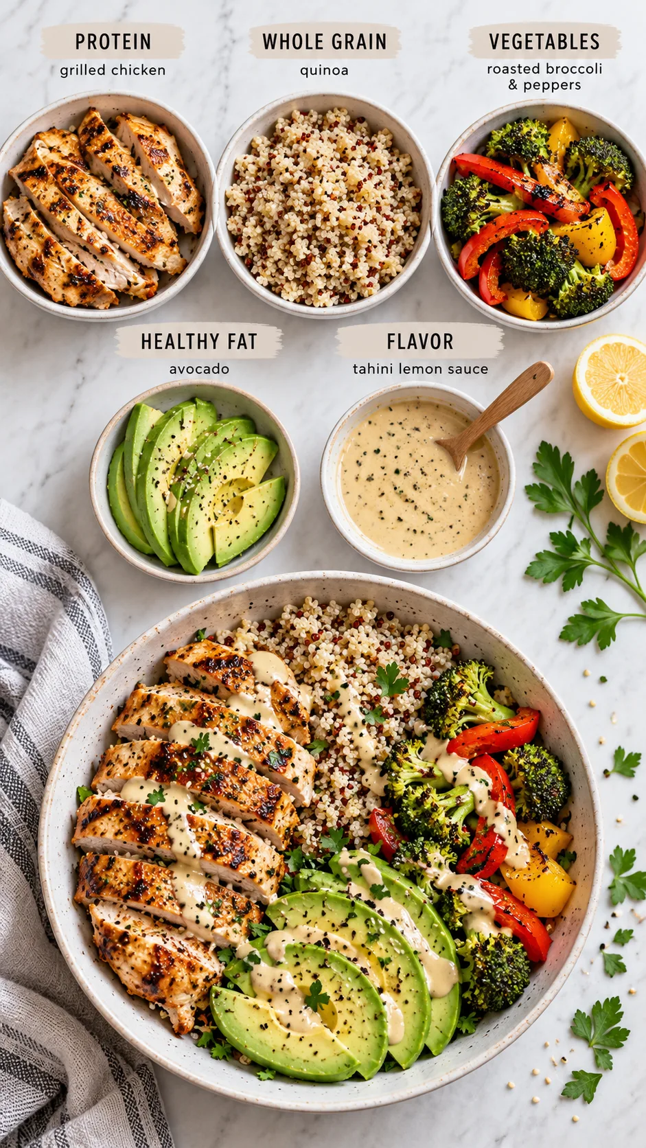 Overhead instructional food photography showing a healthy meal prep formula arranged in sections: grilled chicken protein, quinoa whole grain, roasted broccoli and peppers vegetables, avocado healthy fat, and tahini lemon sauce, with clean labels implied by arrangement