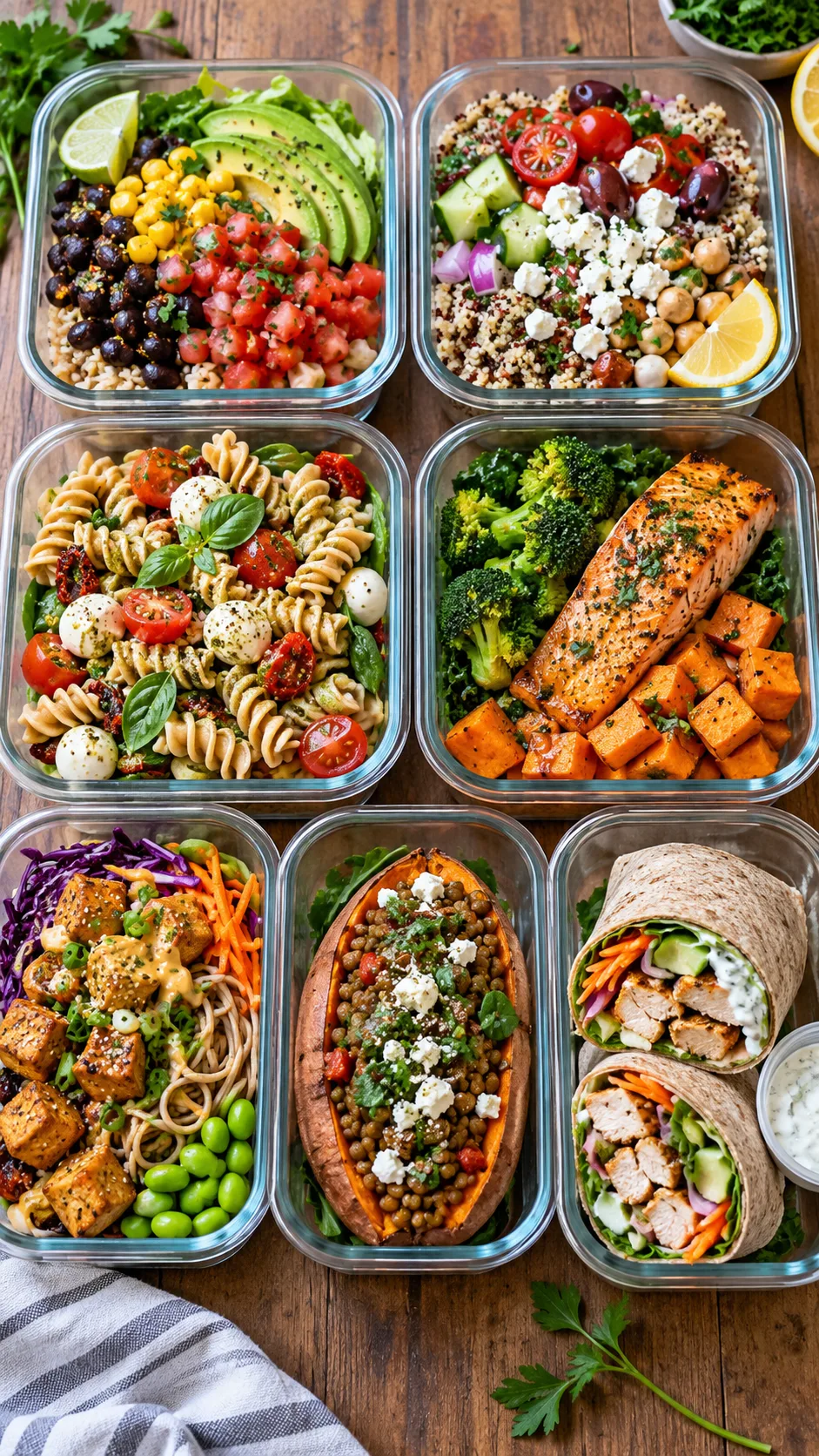 Realistic meal prep photography of seven colorful healthy lunch containers arranged on a wooden table: burrito bowl, Mediterranean quinoa bowl, pasta salad, salmon sweet potato bowl, tofu noodle bowl, lentil stuffed sweet potato, and chicken wrap, bright fresh ingredients and practical weekday presentation