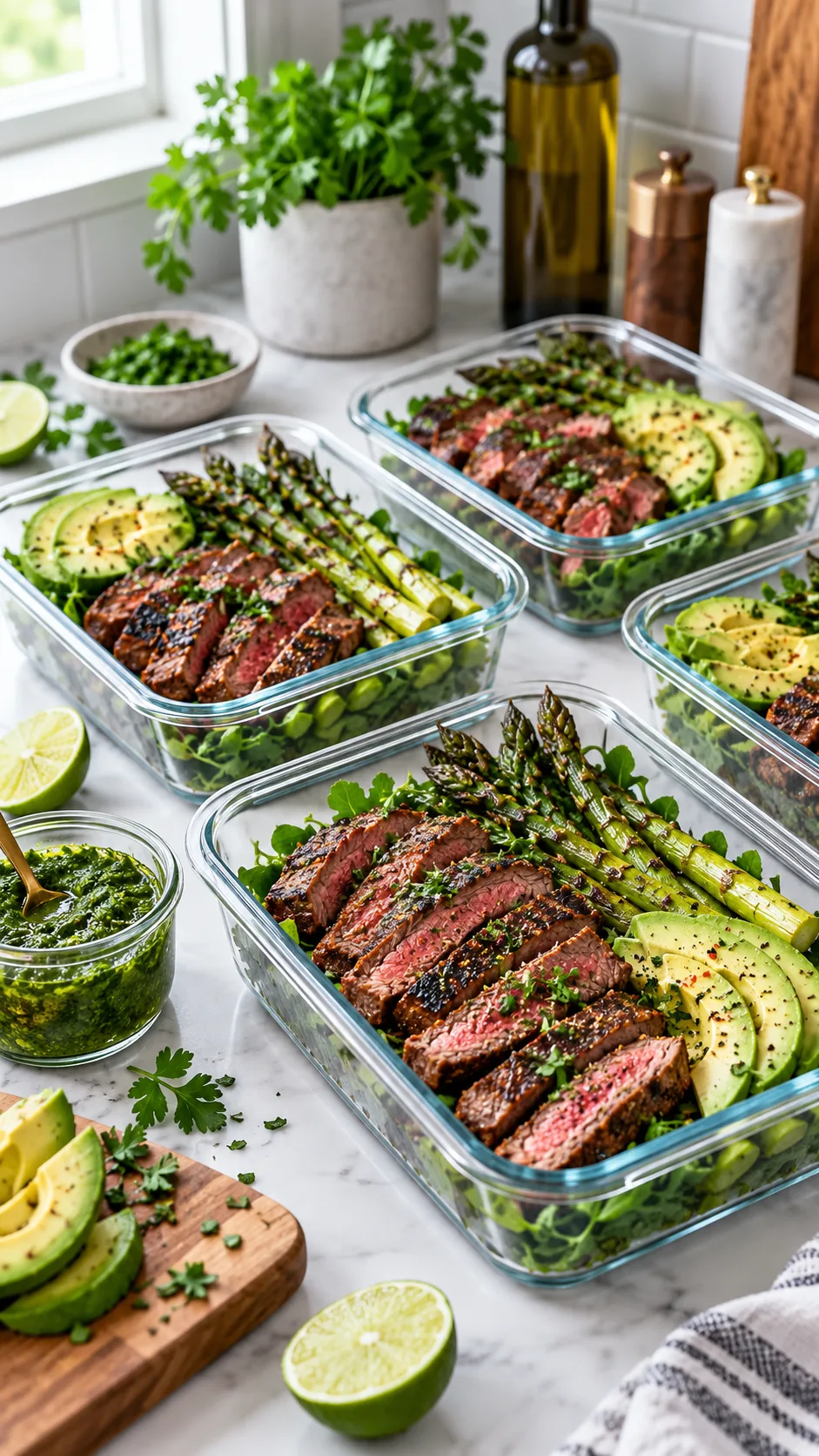 Modern clean kitchen counter with glass meal prep containers arranged neatly, filled with vibrant low-carb ingredients like grilled spiced steak strips, charred asparagus, avocado slices, and rich green herb sauces, bright natural lighting, professional food photography