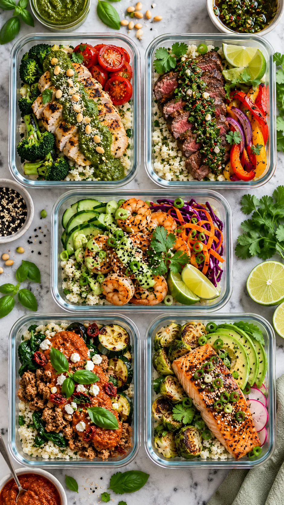 Overhead flat lay of five glass meal prep containers showcasing diverse low carb meals created from the same base components, vibrant pestos, chimichurri, sesame seeds, fresh herbs, lime wedges, food stylist aesthetic