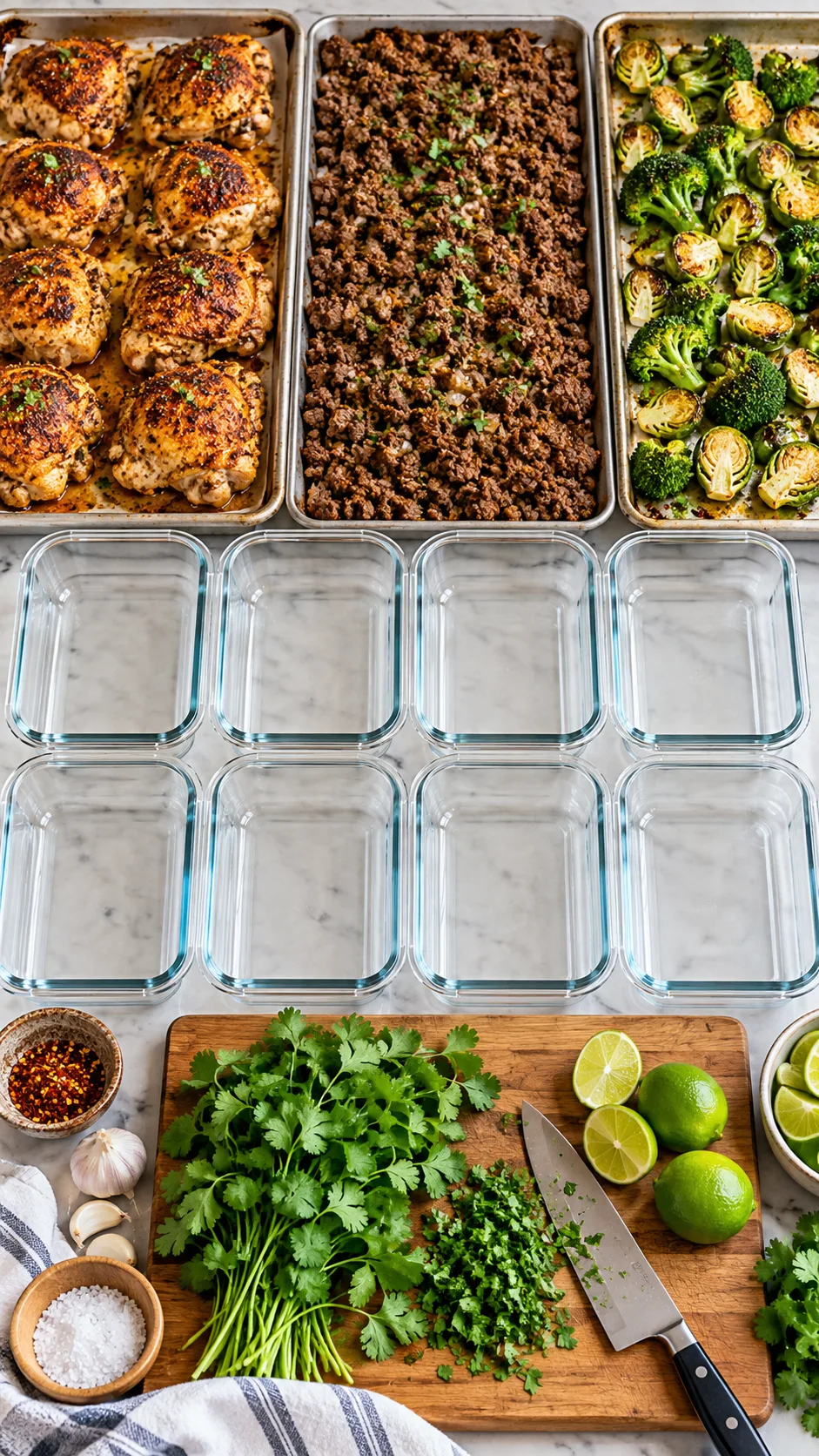 Step by step kitchen prep spread: sheet pans of seasoned roast chicken thighs, browned ground beef, roasted green vegetables, neatly lined up glass containers, cutting board with fresh cilantro and limes