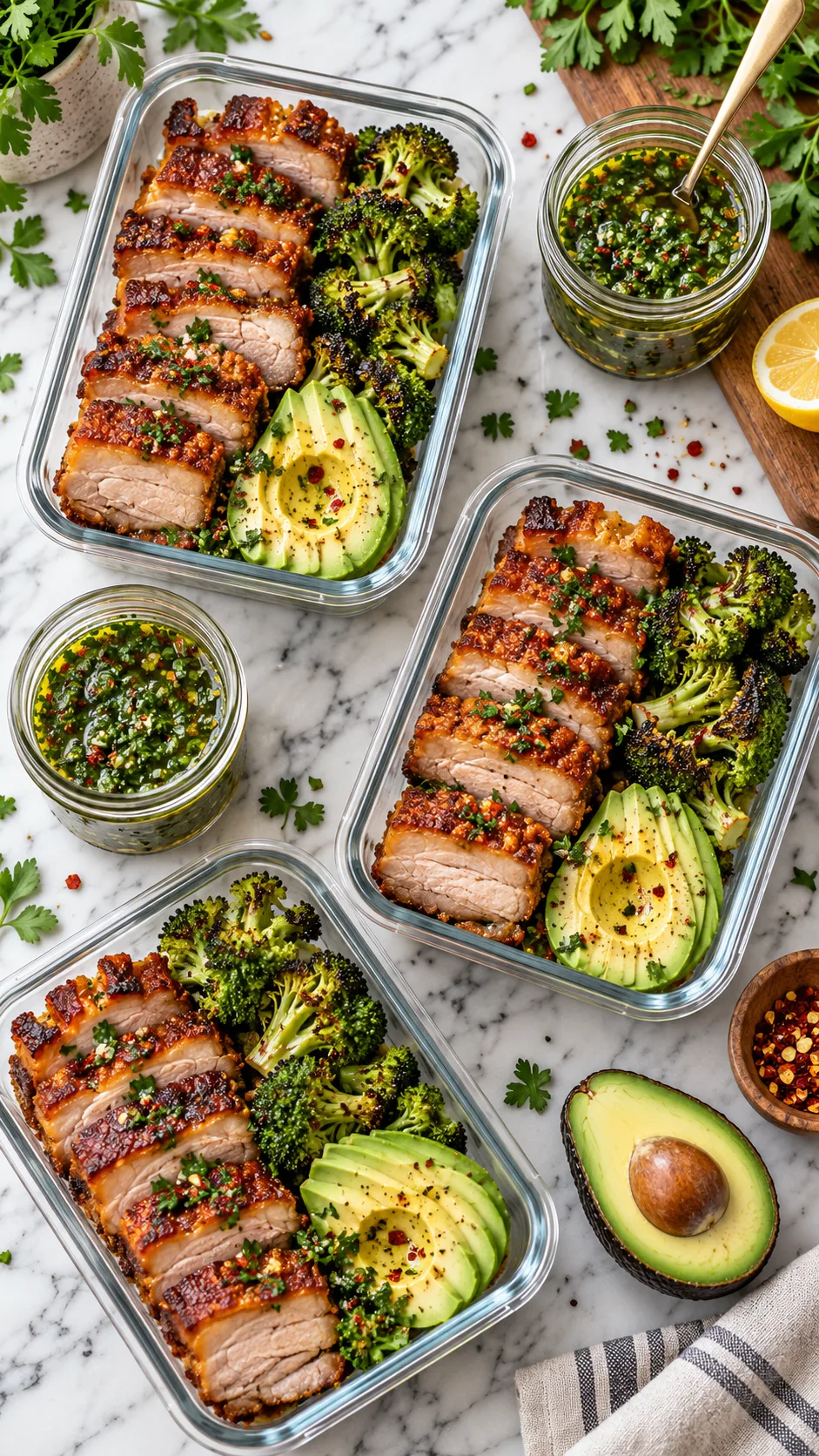 Overhead aesthetic flat lay of modern glass meal prep containers filled with vibrant keto ingredients: sliced crispy pork belly, charred spiced broccoli, avocado halves, and small mason jars of chimichurri sauce on a marble kitchen island.