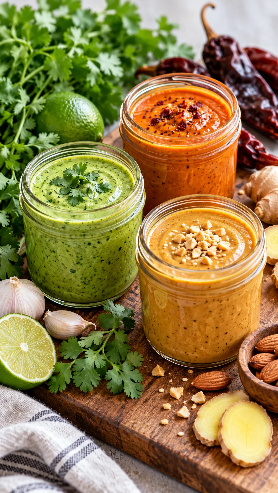 Three small glass mason jars filled with colorful homemade sauces: bright green cilantro crema, rich orange smoky chipotle sauce, and warm golden ginger almond satay sauce, surrounded by fresh herbs and whole ingredients