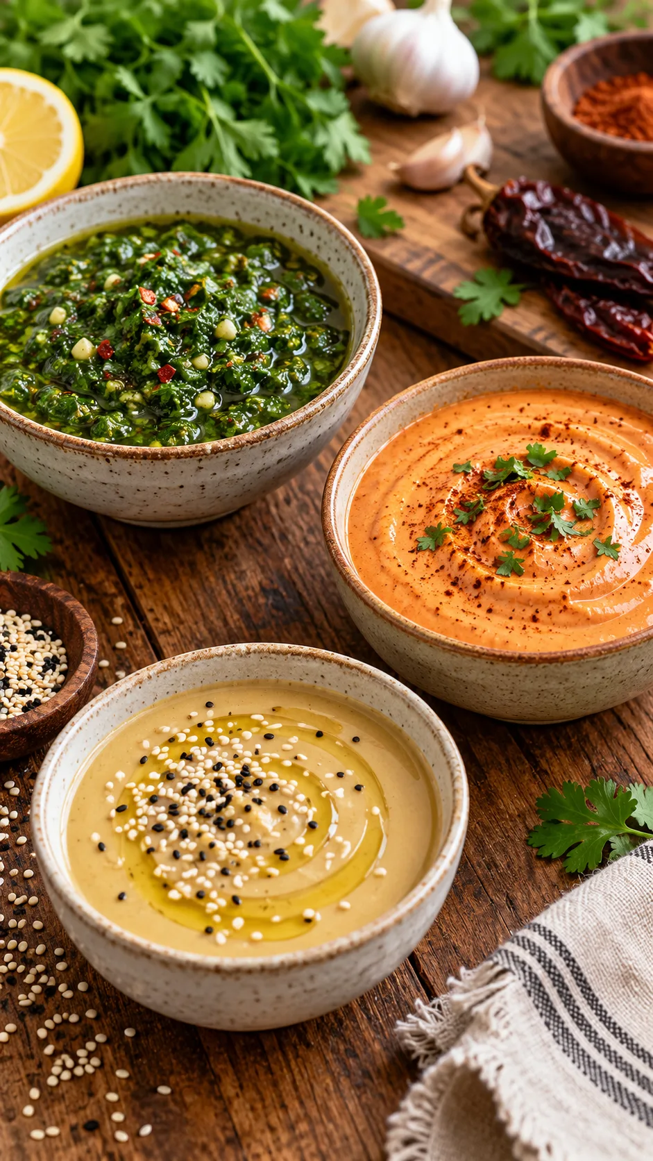 A rustic wooden kitchen counter displaying three separate ceramic bowls containing different keto sauces: vibrant green chimichurri, smoky orange chipotle crema, and creamy golden sesame tahini drizzle.