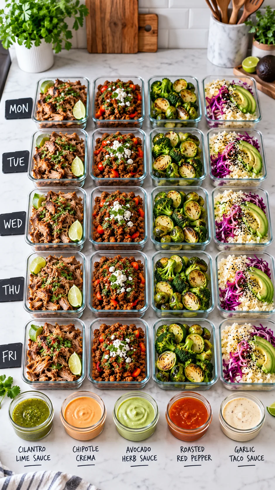 A clean, bright kitchen counter with meal prep glass containers neatly organized into a 5-day grid, showcasing distinct colorful meals of pork carnitas, spiced beef, roasted greens, and colorful keto sauces.